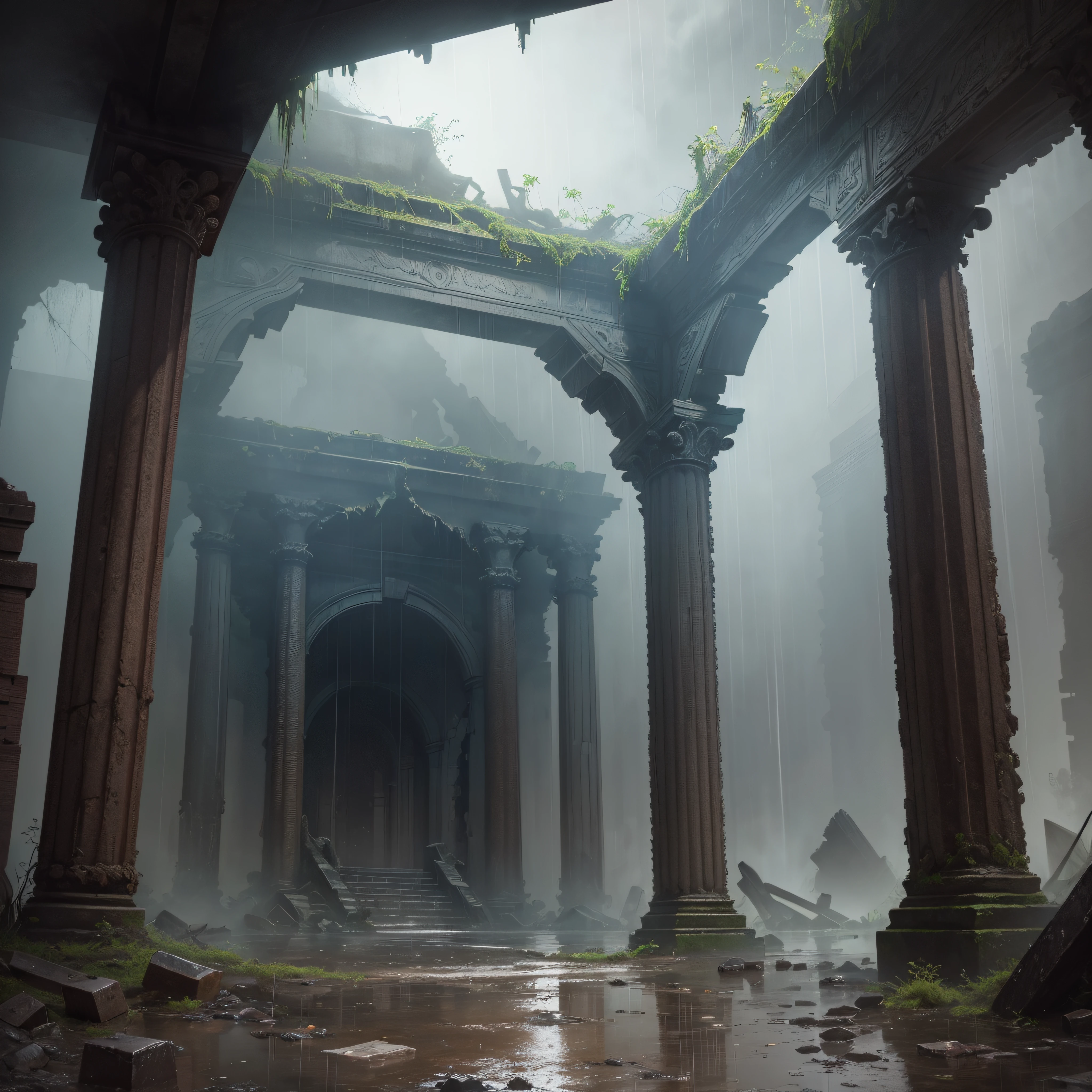 (Best Quality, masutepiece),( dark sky, Heavy rain, Inside the ruined temple, Low water stagnant water, ), Realistic background, 2112, light*_Black_Particle, --auto