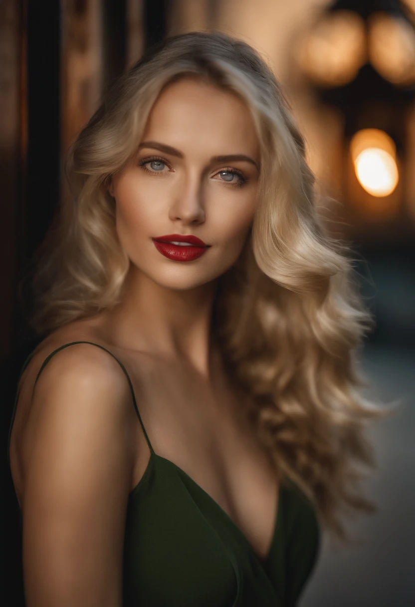 Young and beautiful woman, blonde hair gently falling in waves to the shoulders, Average Height, big green eyes, fair skin, czarnej sukni siedzi w ekskluzywnej restauracji przy stoliku , The surroundings are illuminated by lights with warm and pleasant colors, making your hair shine, Twoje oblicze jest naturalnie pogodne, lips with red lipstick, tekstura 8K, Very detailed, realistyczne, Soft Cinema Light, HDR, Sharp focus, masterpiece, fotorealistyczne, Photography Award - Winning Canon EOS R5, 35 mm