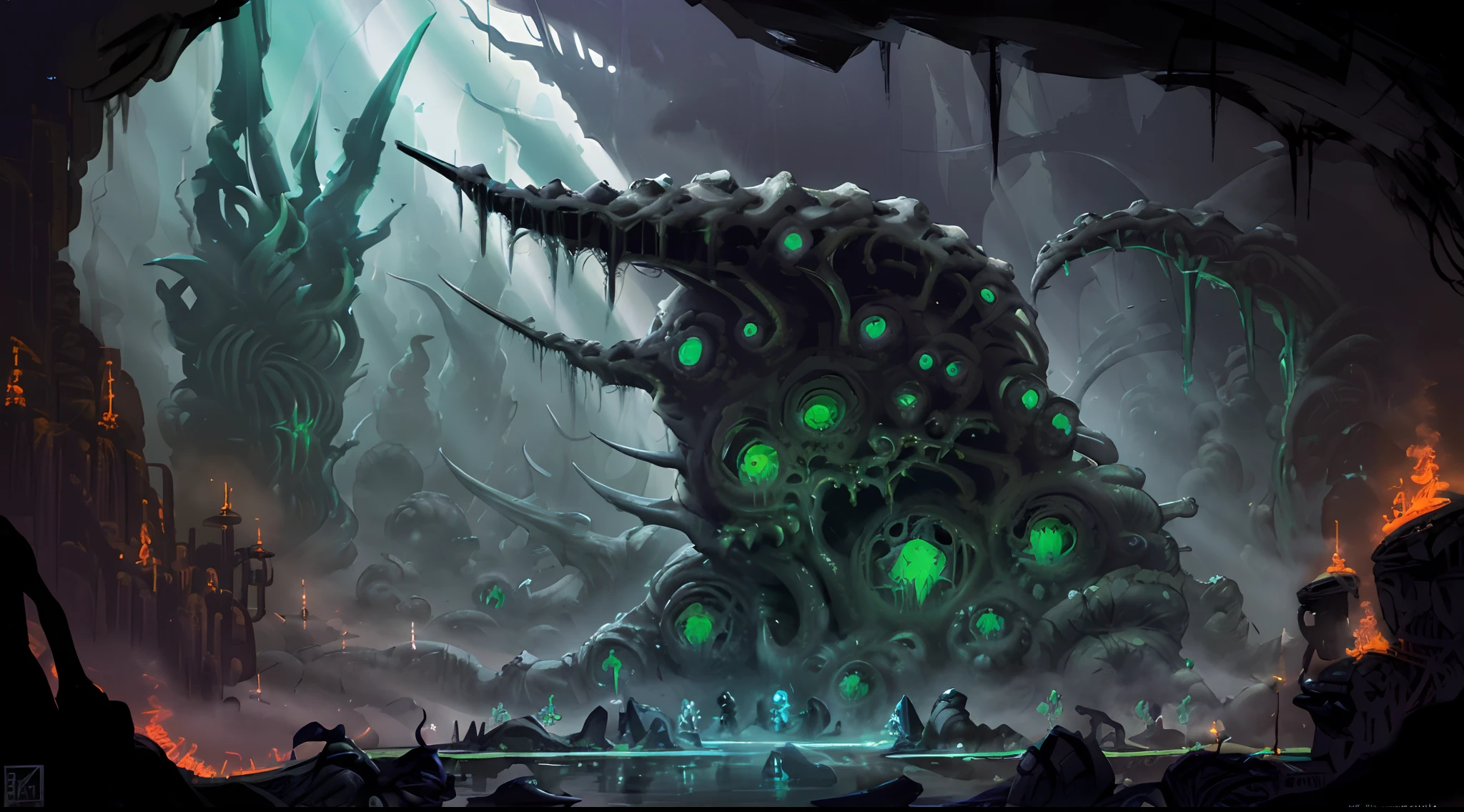 Vista lateral, caverna, Jogo 2D, plataforma,Cavaleiro Oco, ((Lovecraft)), darkeness, ((h.r giger)), (Dan Mumford), ((Ancient Biomechanical City)), Dan Mumford. arte conceitual, arte sci-fi detalhada, cyber sanctuary, arte detalhada da capa, alien temple, Giger Rh Estilo, ? r giger estilo, escala de cinza