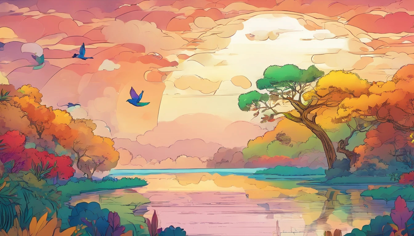 ((A rainbow appears in the sky after the rain)),baiyun, after rainny, rays of sunshine, refractions, Seven colors, Red, Orange, Yellow, Green, Blue, Violet, arc-shaped, A bridge to heaven, llight rays, dream magical, wanting, Calm lake, inverted image, The outline of the tree, Birds fly, freshen, magical, Beautiful natural landscape