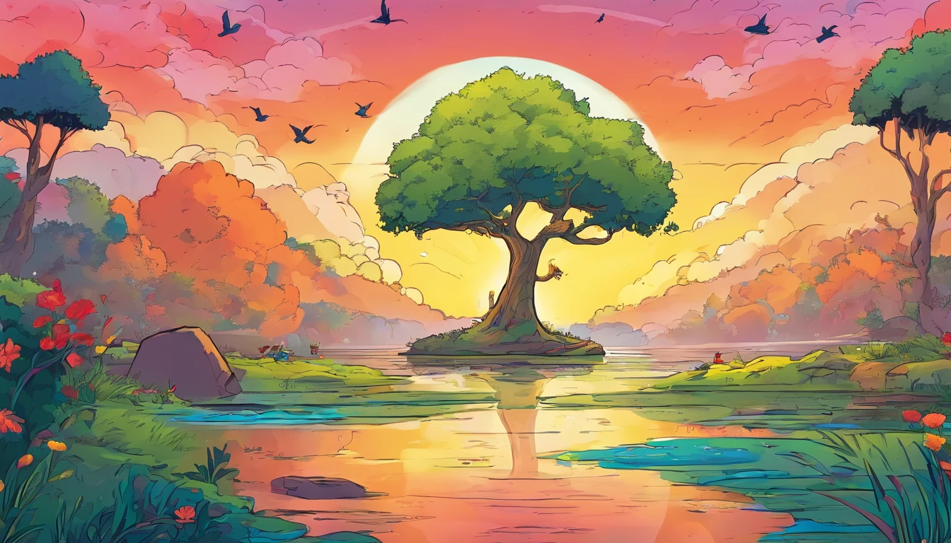 ((A rainbow appears in the sky after the rain)),baiyun, after rainny, rays of sunshine, refractions, Seven colors, Red, Orange, Yellow, Green, Blue, Violet, arc-shaped, A bridge to heaven, llight rays, dream magical, wanting, Calm lake, inverted image, The outline of the tree, Birds fly, freshen, magical, Beautiful natural landscape