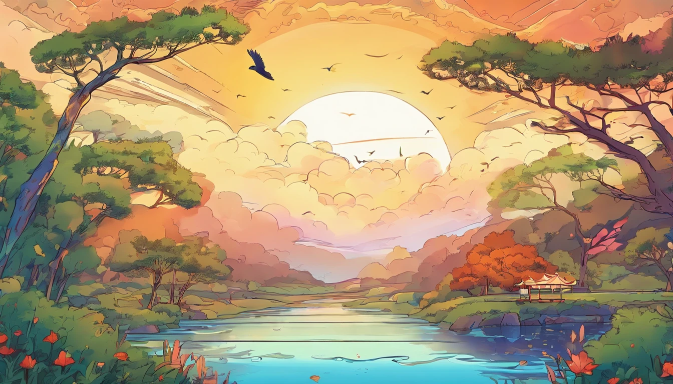 ((A rainbow appears in the sky after the rain)),baiyun, after rainny, rays of sunshine, refractions, Seven colors, Red, Orange, Yellow, Green, Blue, Violet, arc-shaped, A bridge to heaven, llight rays, dream magical, wanting, Calm lake, inverted image, The outline of the tree, Birds fly, freshen, magical, Beautiful natural landscape
