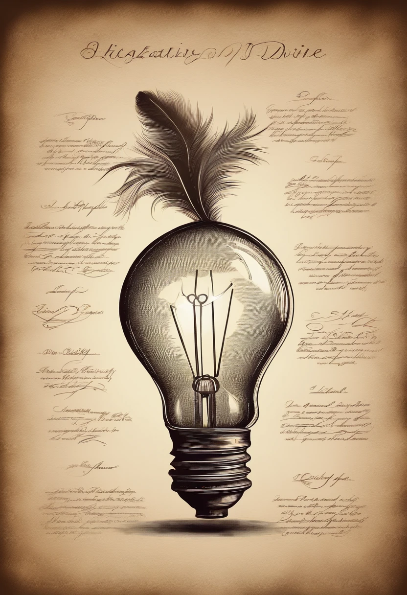 divine inspiration: Hand writing on parchment with feather quill , Lightbulb turning on in a dark room , Inspiring quotes written on a chalkboard