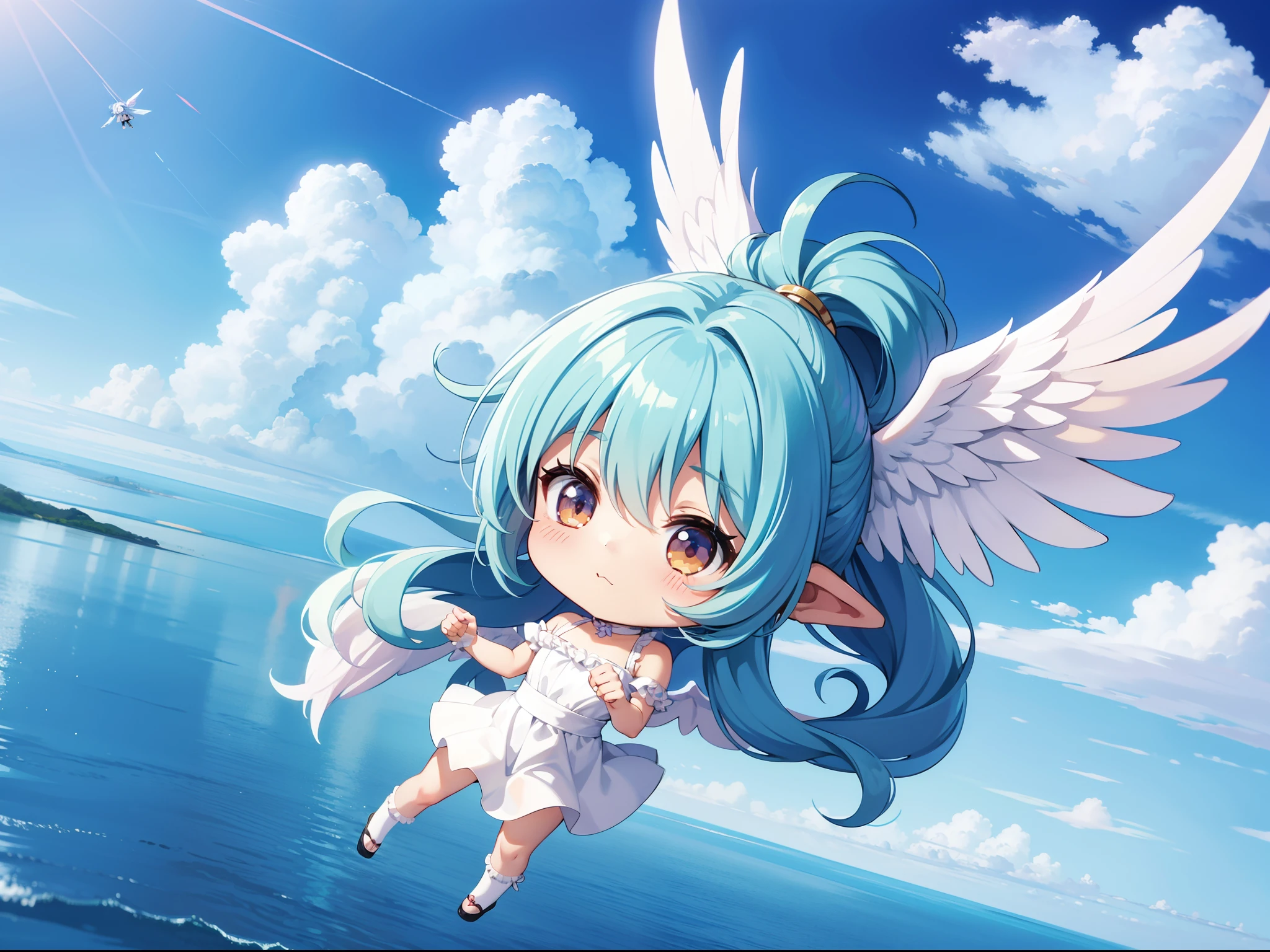2:Chibi Character With the Wings of an Angel、Visible flying over the sea。long hair with blue hair((Chibi Chara))、Girl in pink costume、Chibi Chara、full body Esbian、Pastel colors hair、masutepiece、top-quality、Large in the center