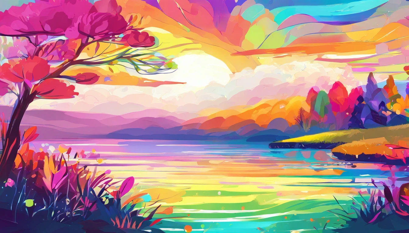 ((A rainbow appears in the sky after the rain)),baiyun, after rainny, rays of sunshine, refractions, Seven colors, Red, Orange, Yellow, Green, Blue, Violet, arc-shaped, A bridge to heaven, llight rays, dream magical, wanting, Calm lake, inverted image, The outline of the tree, Birds fly, freshen, magical, Beautiful natural landscape