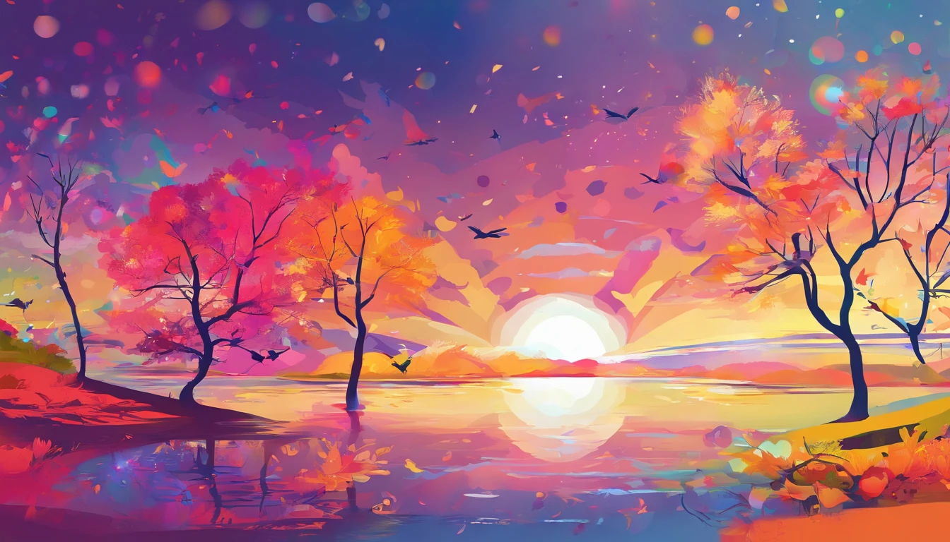 ((A rainbow appears in the sky after the rain)),baiyun, after rainny, rays of sunshine, refractions, Seven colors, Red, Orange, Yellow, Green, Blue, Violet, arc-shaped, A bridge to heaven, llight rays, dream magical, wanting, Calm lake, inverted image, The outline of the tree, Birds fly, freshen, magical, Beautiful natural landscape