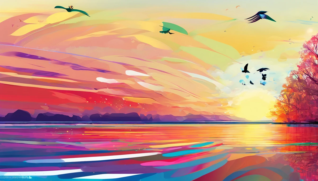 ((A rainbow appears in the sky after the rain)),baiyun, after rainny, rays of sunshine, refractions, Seven colors, Red, Orange, Yellow, Green, Blue, Violet, arc-shaped, A bridge to heaven, llight rays, dream magical, wanting, Calm lake, inverted image, The outline of the tree, Birds fly, freshen, magical, Beautiful natural landscape