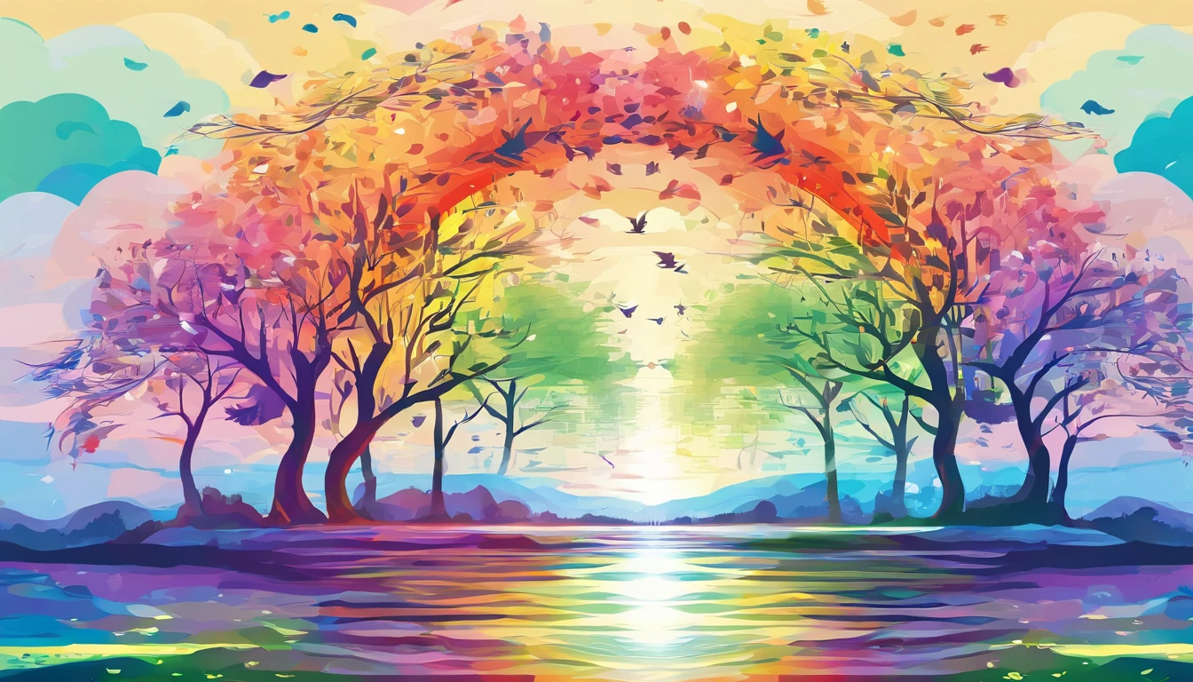 （（A rainbow appears in the sky after the rain）），baiyun, after rainny, rays of sunshine, refractions, Seven colors, Red, Orange, Yellow, Green, Blue, Violet, arc-shaped, A bridge to heaven, llight rays, dream magical, wanting, Calm lake, inverted image, The outline of the tree, Birds fly, freshen, magical, Beautiful natural landscape