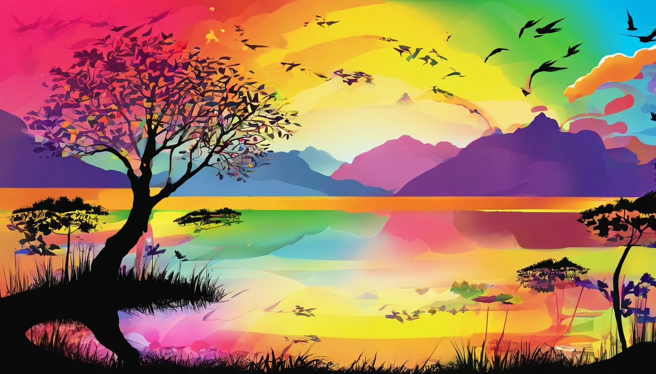 ((A rainbow appears in the sky after the rain)),baiyun, after rainny, rays of sunshine, refractions, Seven colors, Red, Orange, Yellow, Green, Blue, Violet, arc-shaped, A bridge to heaven, llight rays, dream magical, wanting, Calm lake, inverted image, The outline of the tree, Birds fly, freshen, magical, Beautiful natural landscape