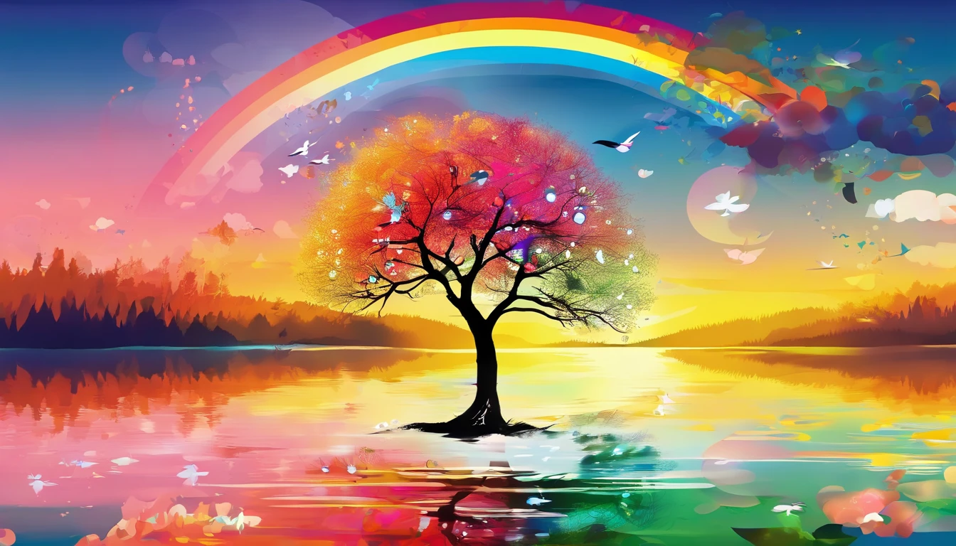 ((A rainbow appears in the sky after the rain)),baiyun, after rainny, rays of sunshine, refractions, Seven colors, Red, Orange, Yellow, Green, Blue, Violet, arc-shaped, A bridge to heaven, llight rays, dream magical, wanting, Calm lake, inverted image, The outline of the tree, Birds fly, freshen, magical, Beautiful natural landscape