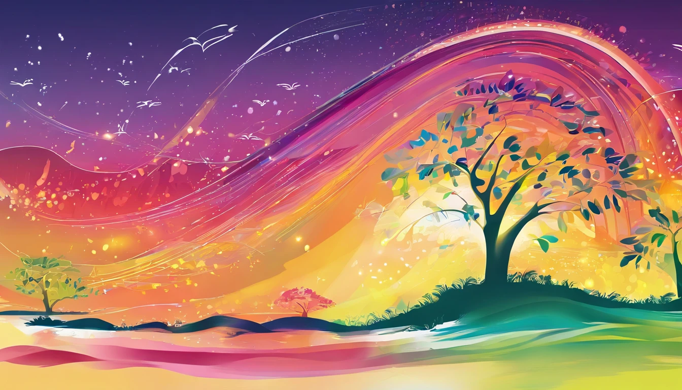 ((A rainbow appears in the sky after the rain)),baiyun, after rainny, rays of sunshine, refractions, Seven colors, Red, Orange, Yellow, Green, Blue, Violet, arc-shaped, A bridge to heaven, llight rays, dream magical, wanting, Calm lake, inverted image, The outline of the tree, Birds fly, freshen, magical, Beautiful natural landscape