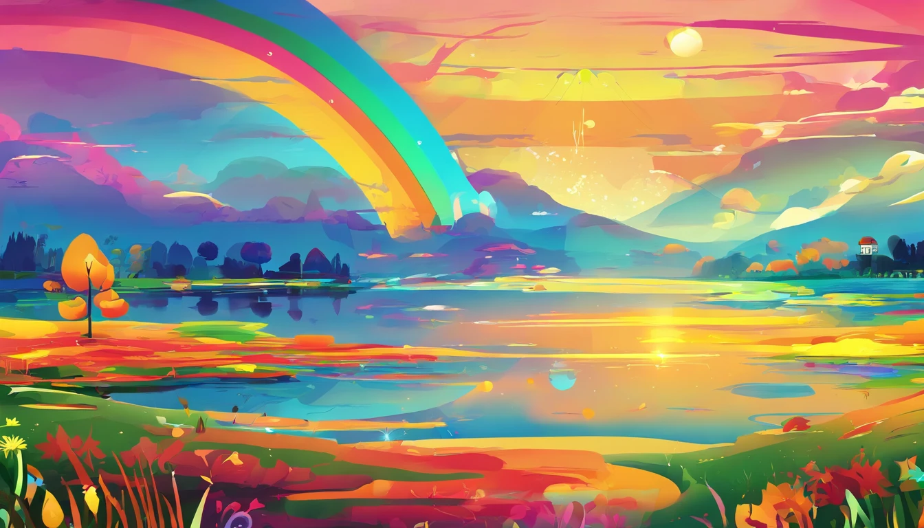 ((A rainbow appears in the sky after the rain)),baiyun, after rainny, rays of sunshine, refractions, Seven colors, Red, Orange, Yellow, Green, Blue, Violet, arc-shaped, A bridge to heaven, llight rays, dream magical, wanting, Calm lake, inverted image, The outline of the tree, Birds fly, freshen, magical, Beautiful natural landscape