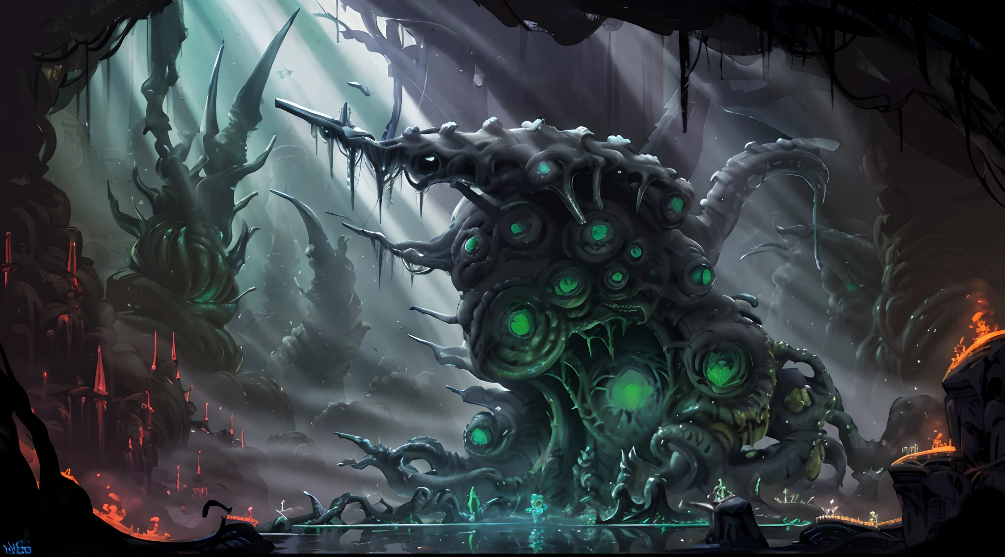 Vista lateral, caverna, Jogo 2D, plataforma,Cavaleiro Oco, ((Lovecraft)), darkeness, ((h.r giger)), (Dan Mumford), ((Ancient Biomechanical City)), Dan Mumford. arte conceitual, arte sci-fi detalhada, cyber sanctuary, arte detalhada da capa, alien temple, Giger Rh Estilo, h r giger estilo, escala de cinza