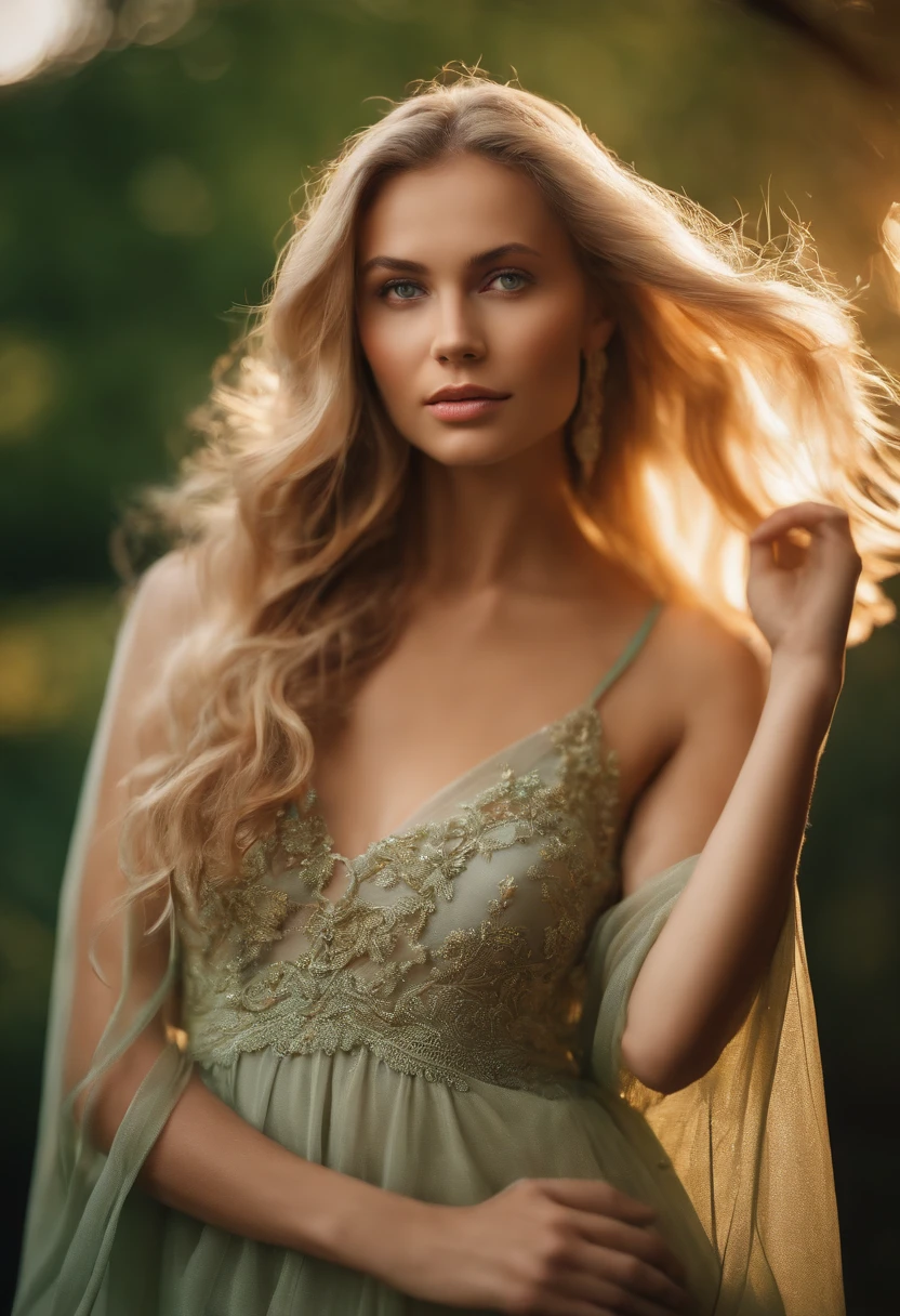 Young and beautiful woman, blonde hair gently falling in waves to the shoulders, Average Height, big green eyes, fair skin, w bikini lezy na plazy a fale muskaja jej stopy, The surroundings are illuminated by lights with warm and pleasant colors, making her hair shine, jej oblicze jest naturalnie pogodne, tekstura 8K, Very detailed, realistyczne, Soft Cinema Light, HDR, Sharp focus, masterpiece, fotorealistyczne, Photography Award - Winning Canon EOS R5, 35 mm