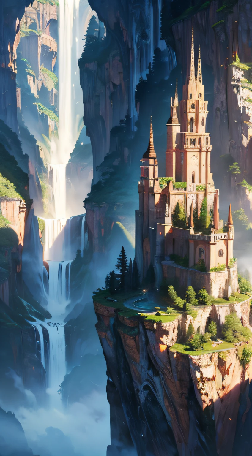 (masterpiece), gorgeous landscape, epic, wallpaper, 4k,intricate, amazing view, breath taking image, stunning, incredible,perfect lighting, dramatic lighting, intricate, inspiring atmosphere, realistic, goo emotions, beautiful clouds, waterfall, mountains, valleys, ancient, fantasy style,realistic, ultra detailed, high res, absurdes, artistic, creative, depth, colossal, nature, life,time, wind, cosy, vivid colors, professional image, awardd winner image