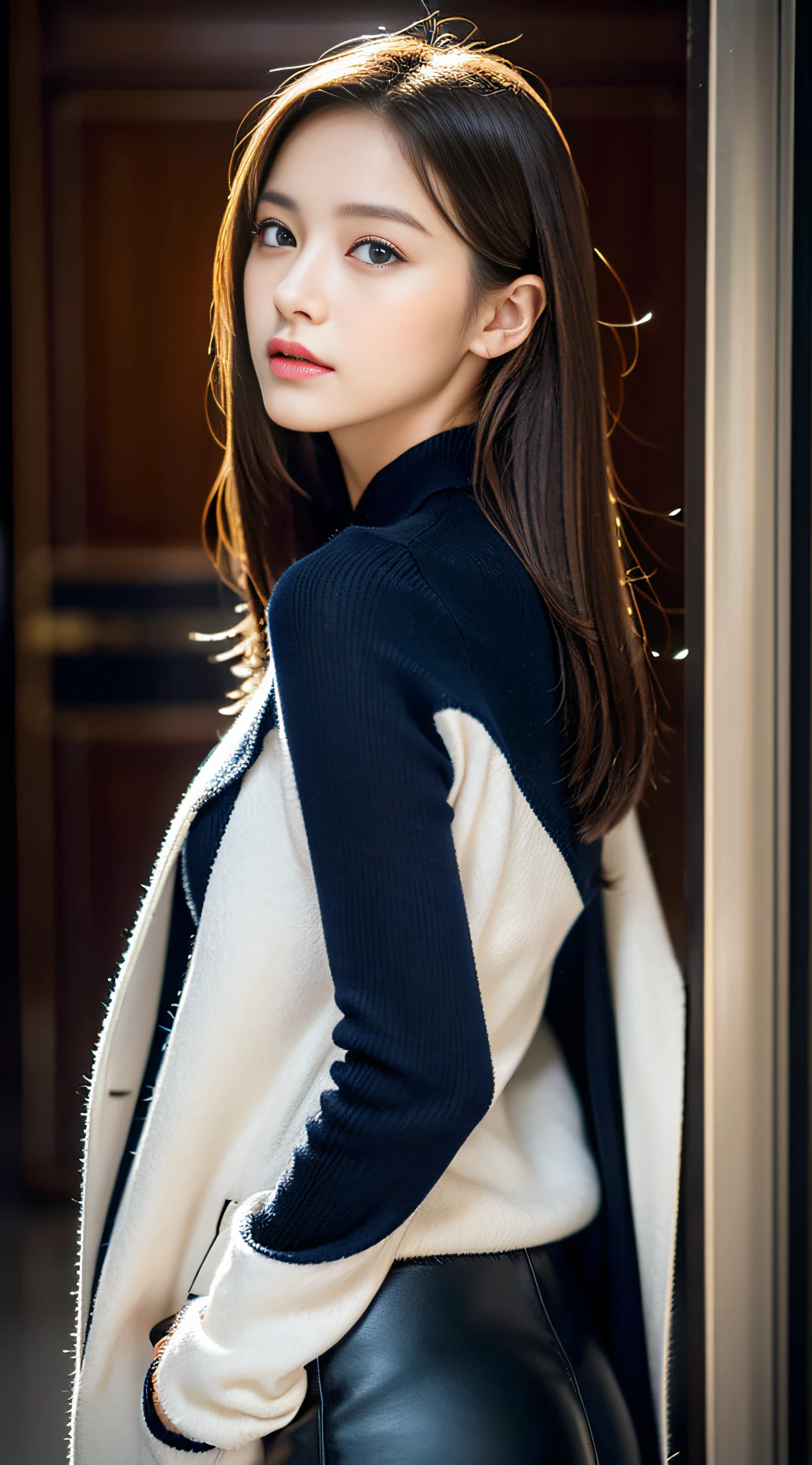 32k,high detal,high-detail、masterpiece,Attention to detail,full body Esbian,独奏:1.6),Raw photo & realistic atmosphere,beautiful dark blue eyes,Detailed mouth,Glossy lips,Detailed eyebrows,Eyes drawn in detail with soft white skin that shines in every detail、azure eyes,Very beautiful eyes,Detailed lips、Very beautiful face,Very well-formed face、Lifelike face,Beautiful lips with luster 16 years old90Fashionable fashion women for many years,(flushed,Incredibly beautiful 16-year-old girl,Brown shiny hair:1.5),(Beautiful and cute girl 16 years old ,Illuminate from the front:1.6),(well-shaped breasts,,Body with good style,:1.5),( Fashion influenced by Namie Amuro,Amler,Amler's Beautiful Girl,90Wearing the trends of the times,Fashion based on black and gold,micromini skirt,Cashmere coat,long boots,Black knee-high tights,90sWinter coordination:1.8)