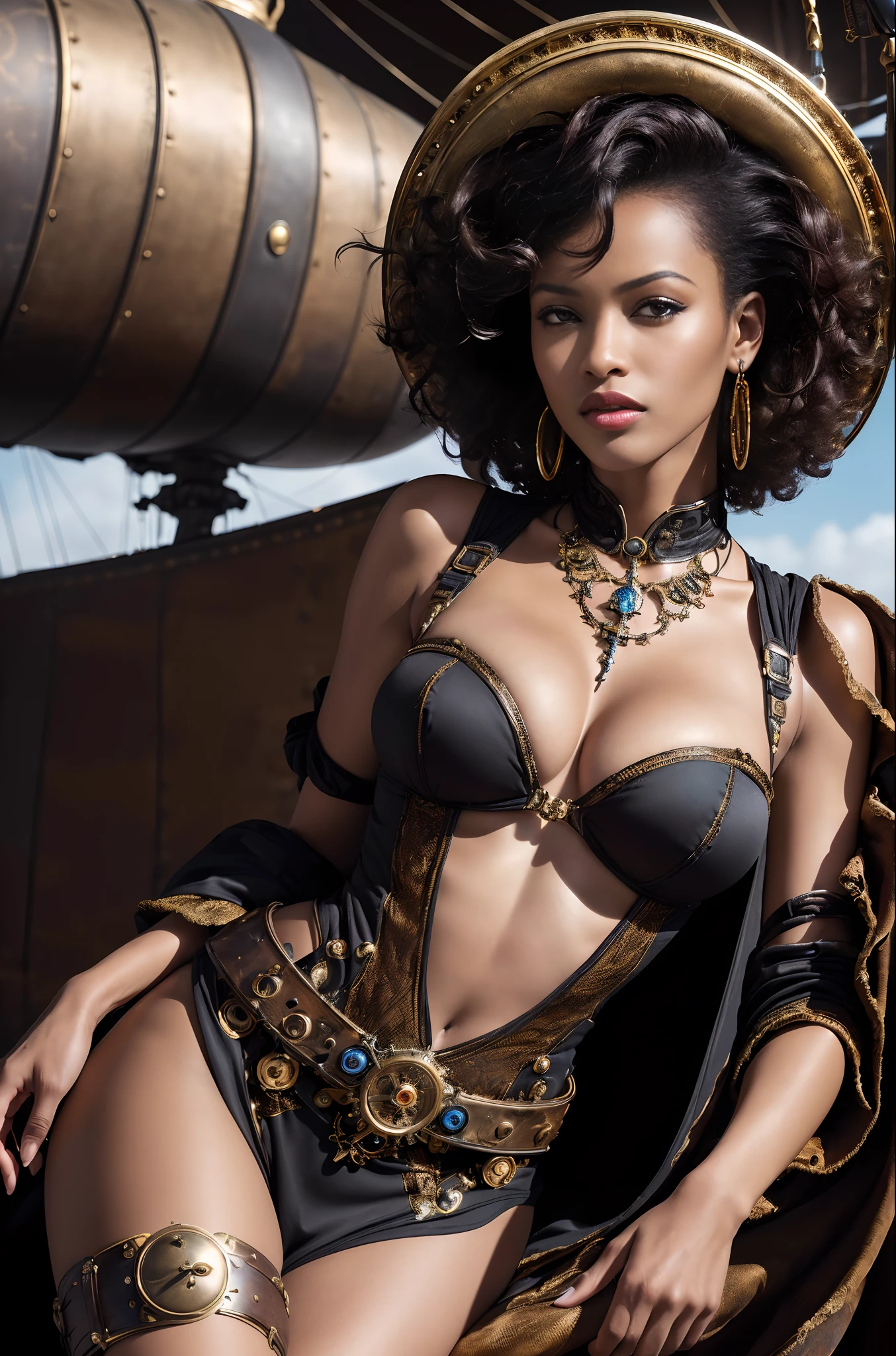 ((Masterpiece)), a beautiful Ethiopian woman (Milla Jovovich:Lupita Nyong'o:0.5), brown-black hair, high detail steampunk pirate outfit, cleavage, at the heel of a steampunk airship, (UHD, 8K wallpaper, High resolution), Cinematic lighting, award-winning, extremely detailed skin, extra detailed face, high detail eyes, photo-realistic, Zeiss 85 mm F/1.4, by Ellen von Unwerth