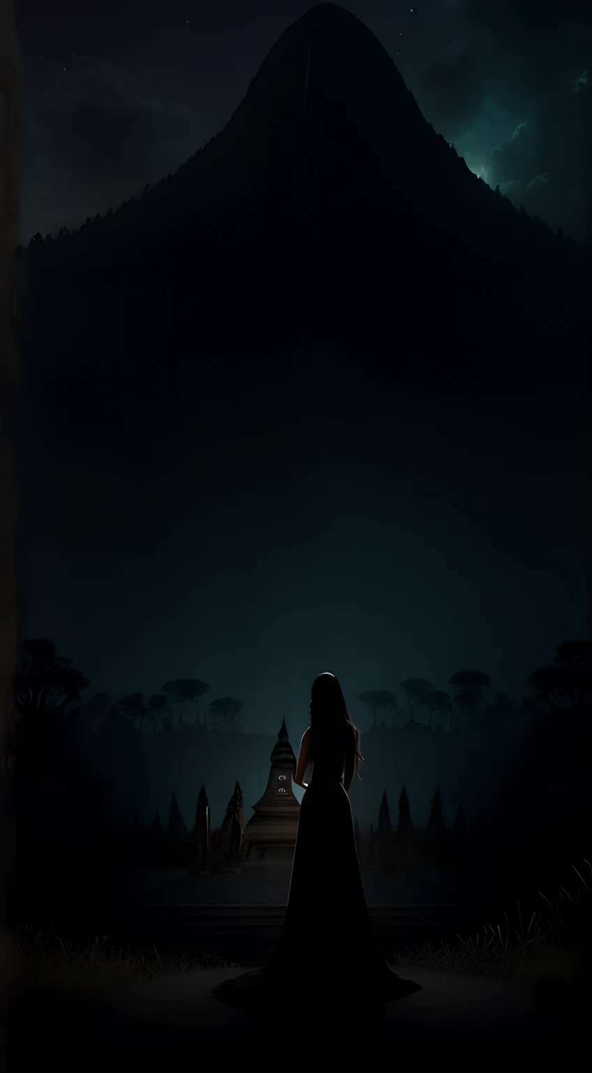 imaginar: There is a silhouette of a woman with long dark hair, olhos azuis e pele branca, vestido com um vestido branco, She's standing next to a handsome man. In the background is an ancient and beautiful old and gloomy temple surrounded by trees at night.