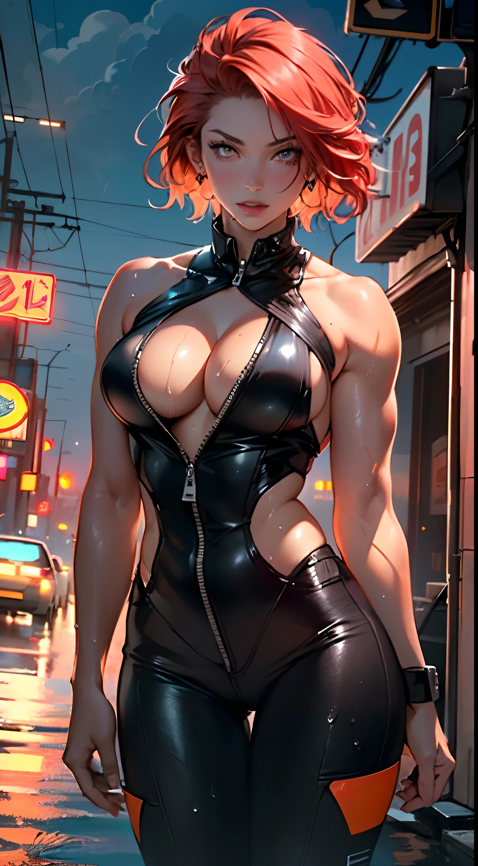mechanical girl,1girl,(( 1girl with extremely cute and beautiful red hair)), neon orange accent, orange eyes,
(big breasts: 1.4),sagging breasts,(((short red hair: 1.35,cropped,redhead,very short hair))),(((neon orange eyes ))),intricate eyes,beautiful detailed eyes,symmetrical eyes,(fat),((((dark skin,lustrous skin:1.5,bright skin: 1.5,shiny skin,very shiny skin,shiny body,illuminated skin,wet legs)))),(spider lower abdomen,narrow waist,wide hip ,athletic body,inflated legs,delicate and detailed fingers,detailed body,(detailed face)),((muscle legs)),((muscular thighs)),((muscular girl)),((strong and muscular,bodybuilder,strong body,muscular,feminine and muscular)),((,ABS)),(huge stature,tall stature,very tall girl),
cute,slutty,sensual,seductive look,seductive,erotic,((nsfw)),
(fitted overalls: 1.3,suit unbuttoned),((mechanical tools on his clothing)),(((cleavage))),((wet clothes,intricate outfit,intricate clothes)),
(dynamic pose:1.0),embarrassed,(centered,scale to fit dimensions,Rule of thirds),
cyberpunk city by the ocean at night, with bright neon signs and dark stormy clouds and puddles, scenery:1.25,
artistic photography,(photography taken by sldr),highres, sharp focus, (ultra detailed, extremely detailed), (photorealistic artwork:1.37),(extremely detailed CG 8k ),((synthwave background theme)),(((vibrant colors))),(intricate background),(masterpiece),(best quality),crisp detail, sharp focus