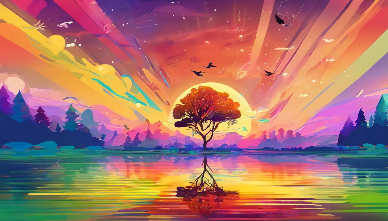 ((A rainbow appears in the sky after the rain)),baiyun, after rainny, rays of sunshine, refractions, Seven colors, Red, Orange, Yellow, Green, Blue, Violet, arc-shaped, A bridge to heaven, llight rays, dream magical, wanting, Calm lake, inverted image, The outline of the tree, Birds fly, freshen, magical, Beautiful natural landscape