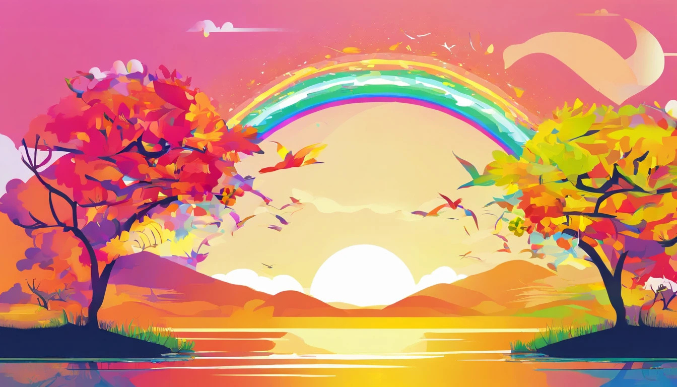 ((A rainbow appears in the sky after the rain)),baiyun, after rainny, rays of sunshine, refractions, Seven colors, Red, Orange, Yellow, Green, Blue, Violet, arc-shaped, A bridge to heaven, llight rays, dream magical, wanting, Calm lake, inverted image, The outline of the tree, Birds fly, freshen, magical, Beautiful natural landscape