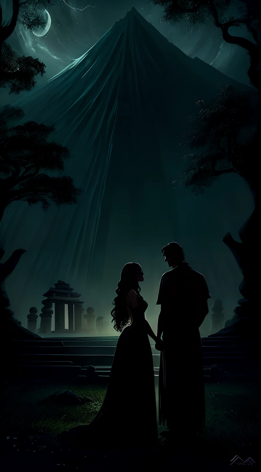 imaginar: There is a silhouette of a woman with long dark hair, olhos azuis e pele branca, vestido com um vestido branco, She's standing next to a handsome man. In the background is an ancient and beautiful old and gloomy temple surrounded by trees at night.