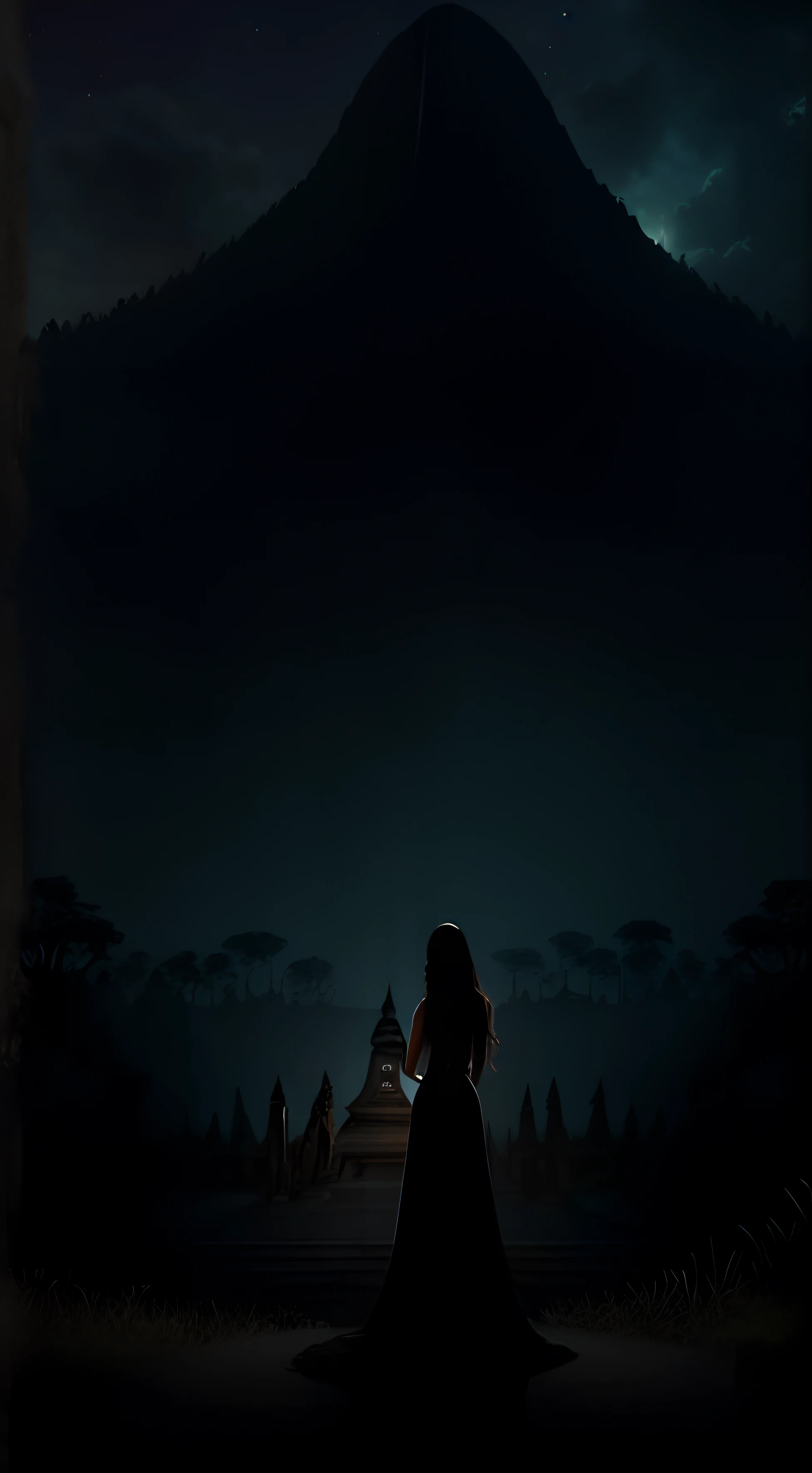 imaginar: There is a silhouette of a woman with long dark hair, olhos azuis e pele branca, vestido com um vestido branco, She's standing next to a handsome man. In the background is an ancient and beautiful old and gloomy temple surrounded by trees at night.