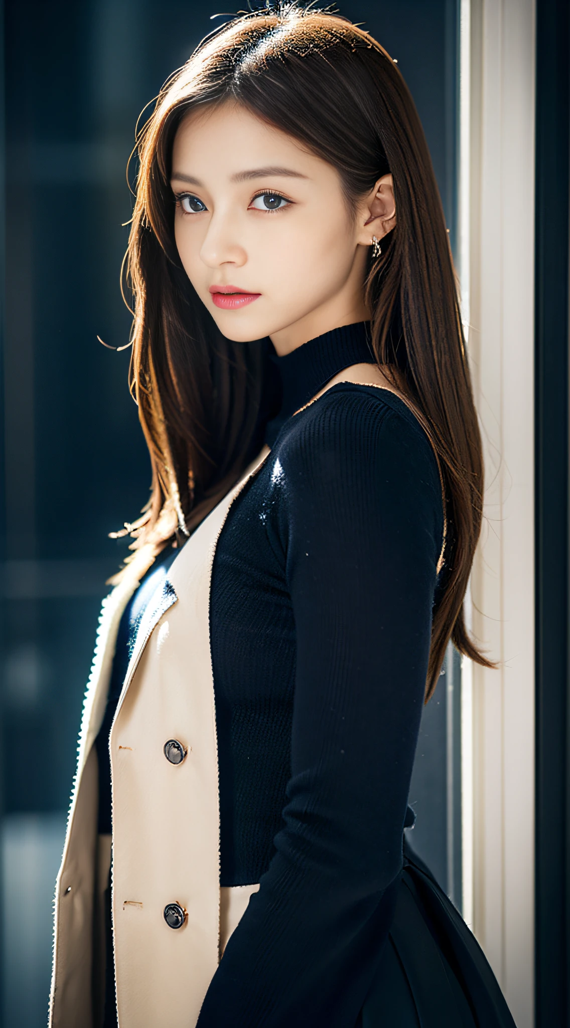 32k,high detal,high-detail、masterpiece,Attention to detail,full body Esbian,独奏:1.6),Raw photo & realistic atmosphere,beautiful dark blue eyes,Detailed mouth,Glossy lips,Detailed eyebrows,Eyes drawn in detail with soft white skin that shines with every detail、azure eyes,Very beautiful eyes,Detailed lips、Very beautiful face,Very well-formed face、Lifelike face,Beautiful lips with luster old90Fashionable fashion women for many years,(flushed,Incredibly beautiful 16-year-d gBrowniny hair:1.5),(Beautiful and cute girl 16 years old ,Ill the front:1.6),(well-shaped breasts,,Body with good style,:1.5),( Fashion influenced by Namie Amuro,Amler,Amler's Beautiful Girl,90Wearing the tide of the times,Fashion based on black and gold,micromini skirt,Cashmere coat,long boots,Black knee-high tights,90sWinter coordination:1.8)