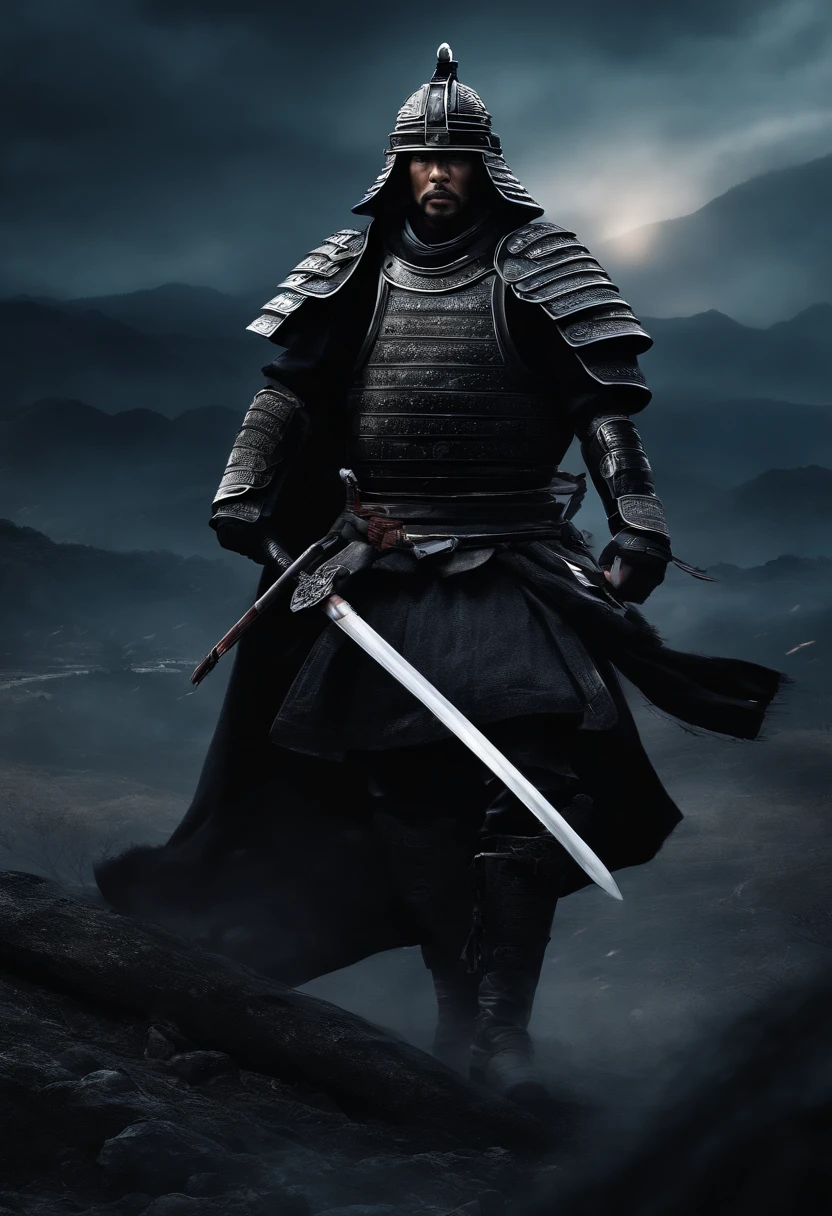 Create a realistic digital illustration that depicts a samurai wearing full black armor, dating back to the year 1579 in ancient Japan, Positioned head-on on a battlefield during an epic showdown. A imagem deve destacar o samurai, com sua espada brilhando intensamente, as he is surrounded by enemy warriors in a dark and challenging landscape, With the dark night sky in the background