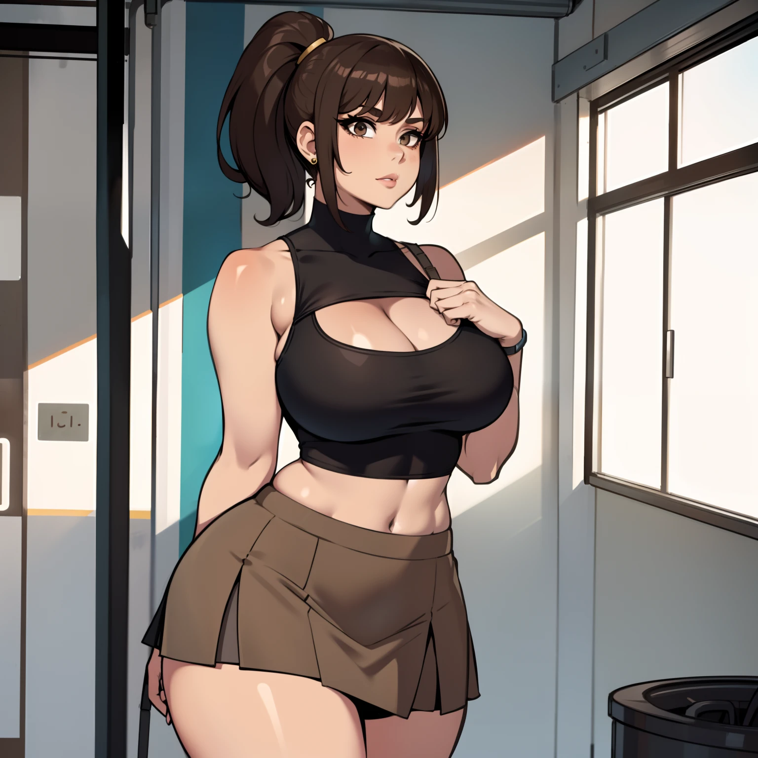 one female with short ponytail brown haircut, wearing short skirt and tube top, thicc, alone, solo, (ALONE)(SOLO), showing cleavage, facing forward, looking at me, looking forward