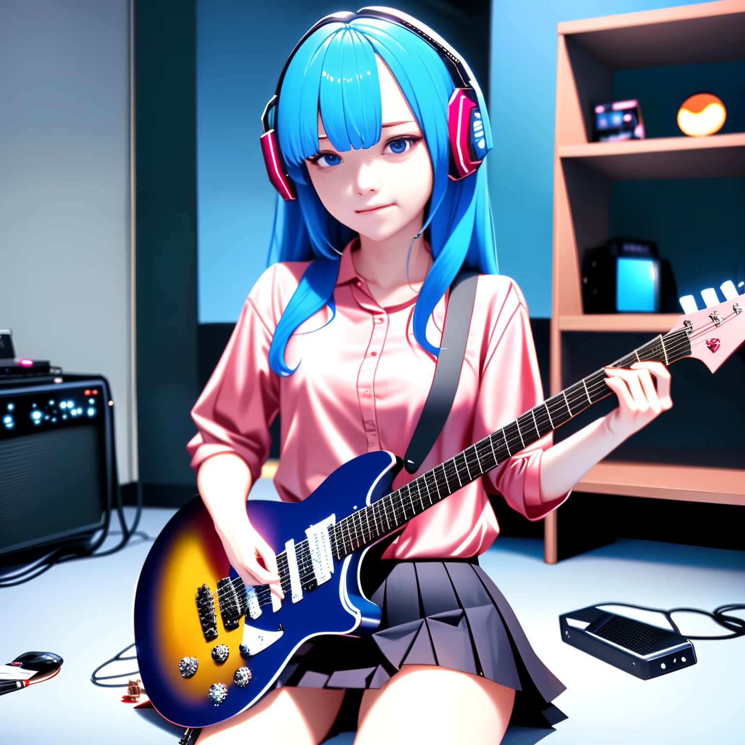 ((masterpiece,best quality))1girl, solo, black skirt, blue eyes, electric guitar, guitar, headphones, holding, holding plectrum, instrument, long hair, , music, one side up, blue hair, playing guitar, pleated skirt, pink shirt, indoors