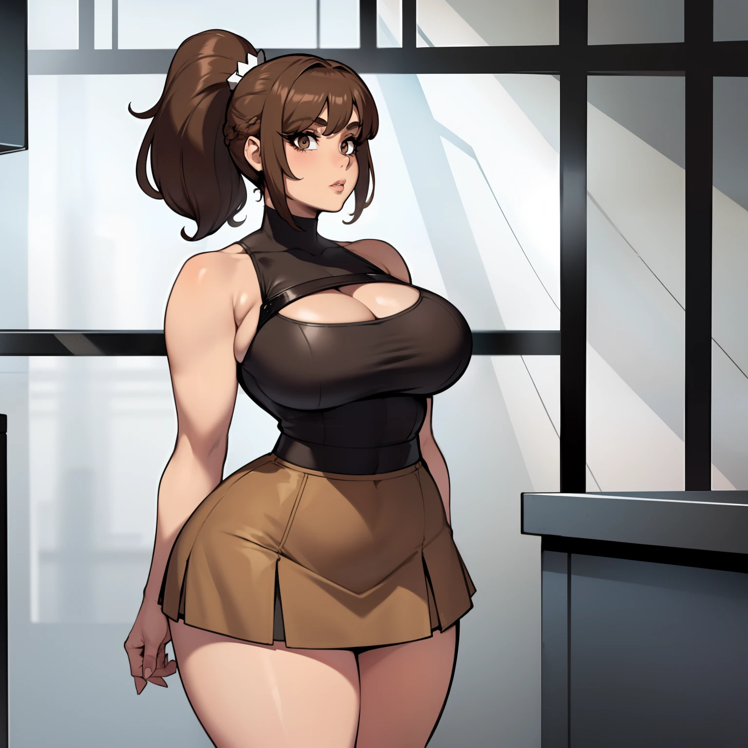 one female with short ponytail brown haircut, wearing short skirt and tube top, thicc, alone, solo, (ALONE)(SOLO), showing cleavage, facing forward, looking at me, looking forward
