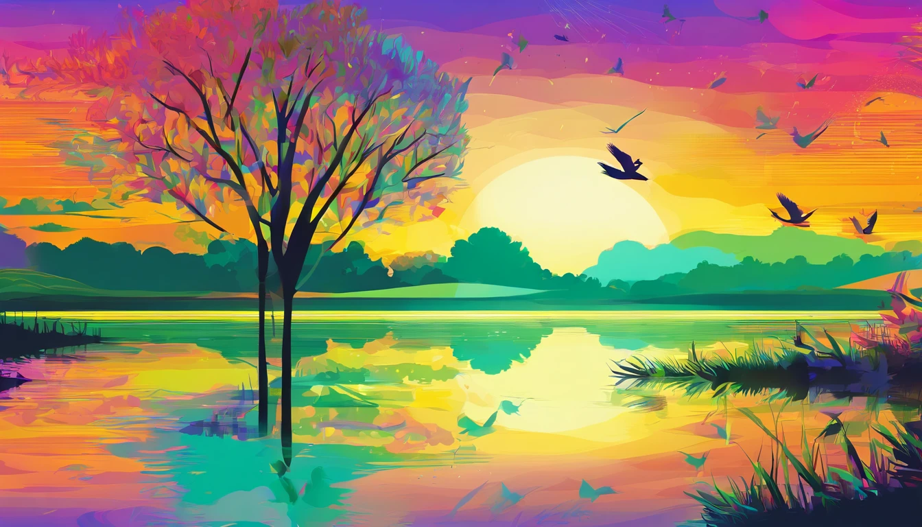 （（A rainbow appears in the sky after the rain）），baiyun, after rainny, rays of sunshine, refractions, Seven colors, Red, Orange, Yellow, Green, Blue, Violet, arc-shaped, A bridge to heaven, llight rays, dream magical, wanting, Calm lake, inverted image, The outline of the tree, Birds fly, freshen, magical, Beautiful natural landscape