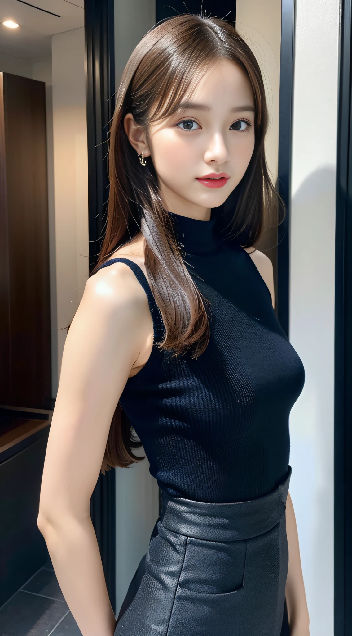 32ｋ,high detal,high-detail、​masterpiece,Attention to detail,full body Esbian,独奏：1.6),Raw photo & realistic atmosphere,beautiful dark blue eyes,Detailed mouth,Glossy lips,Detailed eyebrows,Eyes drawn in detail with soft white skin that shines with every detail、azure eyes,Very beautiful eyes,Detailed lips、Very beautiful face,Very well-formed face、Lifelike face,Beautiful lips with luster 16 years old９０Fashionable fashion women for many years,（flushed,Incredibly beautiful 16-year-old girl,Brown shiny hair：1.5）,（Beautiful and cute girl 16 years old ,Illuminate from the front：1.6）,（well-shaped breasts,,Body with good style,：1.5）,（ Fashion influenced by Namie Amuro,Amler,Amler's Beautiful Girl,９０Wearing the tide of the times,Fashion based on black and gold,micromini skirt,Cashmere coat,long boots,Black knee-high tights,９０ｓWinter coordination：1.8）