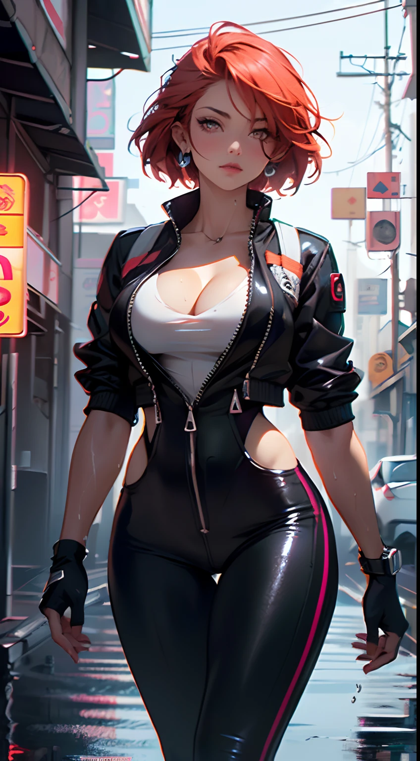mechanical girl,1girl,(( 1girl with extremely cute and beautiful red hair)), synthwave color, neon orange accent, orange eyes,
(big breasts: 1.4),sagging breasts,(((short red hair: 1.35,cropped,redhead,very short hair))),(((neon orange eyes ))),intricate eyes,beautiful detailed eyes,symmetrical eyes,(fat),((((dark skin,lustrous skin:1.5,bright skin: 1.5,shiny skin,very shiny skin,shiny body,illuminated skin,wet legs)))),(spider lower abdomen,narrow waist,wide hip ,athletic body,inflated legs,delicate and detailed fingers,detailed body,(detailed face)),((muscle legs)),((muscular thighs)),((fit girl)),((strong and muscular,bodybuilder,strong body,muscular,feminine and muscular)),(huge stature,tall stature,very tall girl),
cute,slutty,sensual,seductive look,seductive,erotic,((nsfw)),
(fitted overalls: 1.3,suit unbuttoned),((mechanical tools on his clothing)),(((cleavage))),((wet clothes,intricate outfit,intricate clothes)),
(dynamic pose:1.0),embarrassed,(centered,scale to fit dimensions,Rule of thirds),
cyberpunk city by the ocean at night, with bright neon signs and dark stormy clouds and puddles, scenery:1.25,
artistic photography,(photography taken by sldr),highres, sharp focus, (ultra detailed, extremely detailed), (photorealistic artwork:1.37),(extremely detailed CG 8k ),((synthwave background theme)),(((vibrant colors))),(intricate background),(masterpiece),(best quality),crisp detail, sharp focus