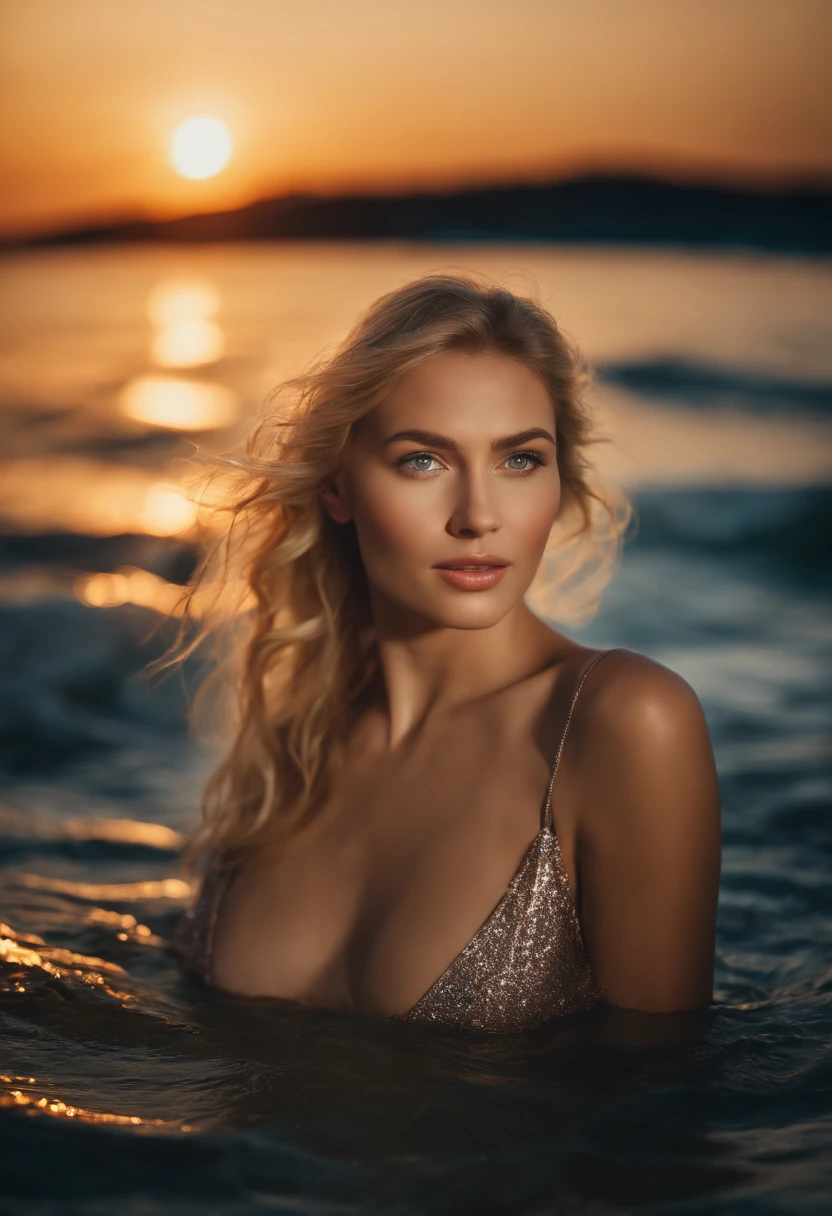 Young and beautiful woman, blonde hair gently falling in waves to the shoulders, Average Height, big green eyes, fair skin, In a swimsuit lying on the beach, south, The surroundings are illuminated by lights with warm and pleasant colors, making her hair shine, jej oblicze jest naturalnie pogodne, tekstura 8K, Very detailed, realistyczne, Soft Cinema Light, HDR, Sharp focus, masterpiece, fotorealistyczne, Photography Award - Winning Canon EOS R5, 35 mm