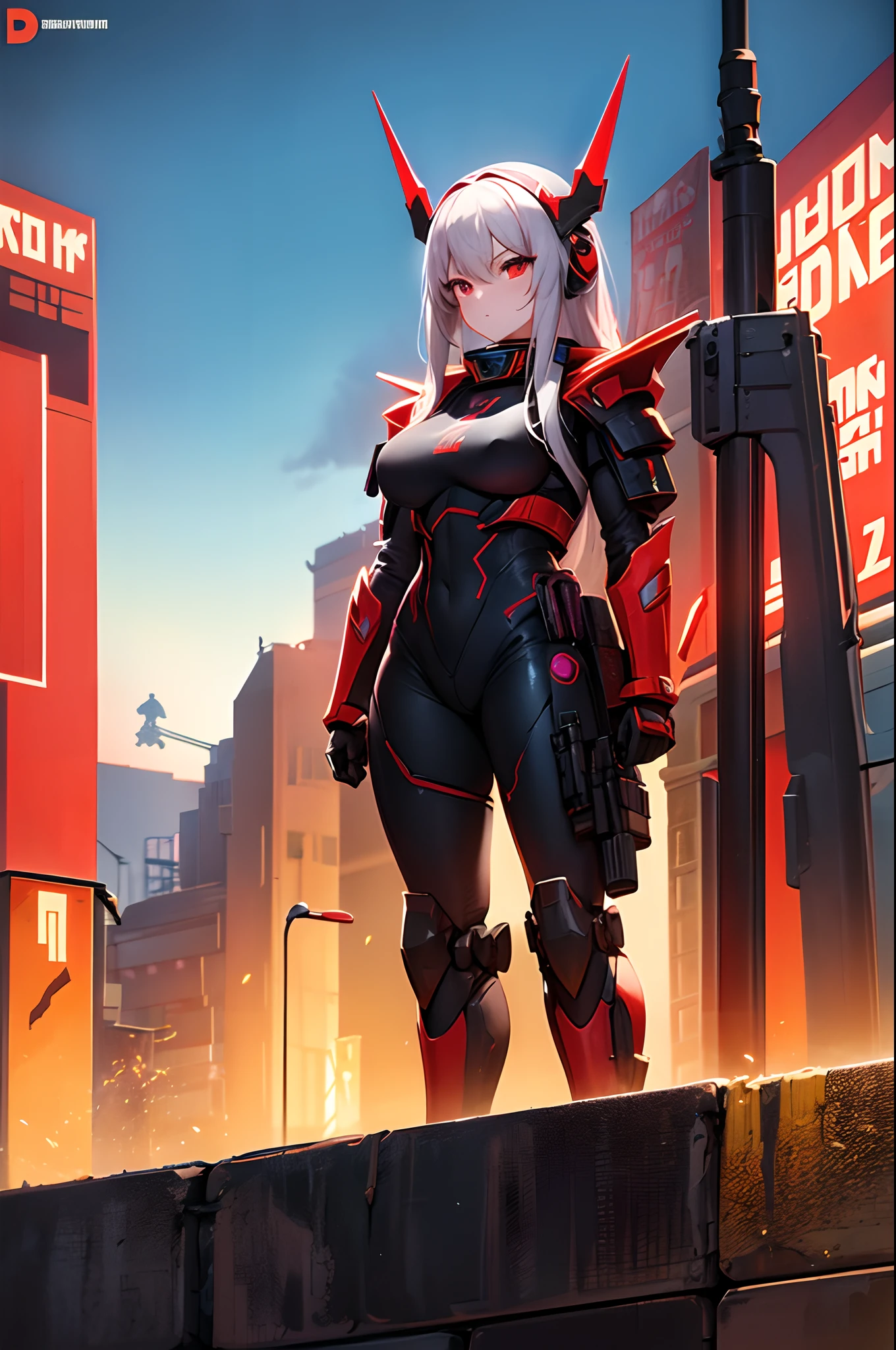 beautiful young girl in a futuristic female warrior armor(cyborg neon armor), style Soviet poster, USSR poster, guns and swords in the background, mech war in the background, sunny weather, anime, manga graphics, dark colors, offset printing, high detail, Poster, 8K, HD, CMYK, Happy, Natural Lighting --q 2 --ar 9:16,whit demon mask oni