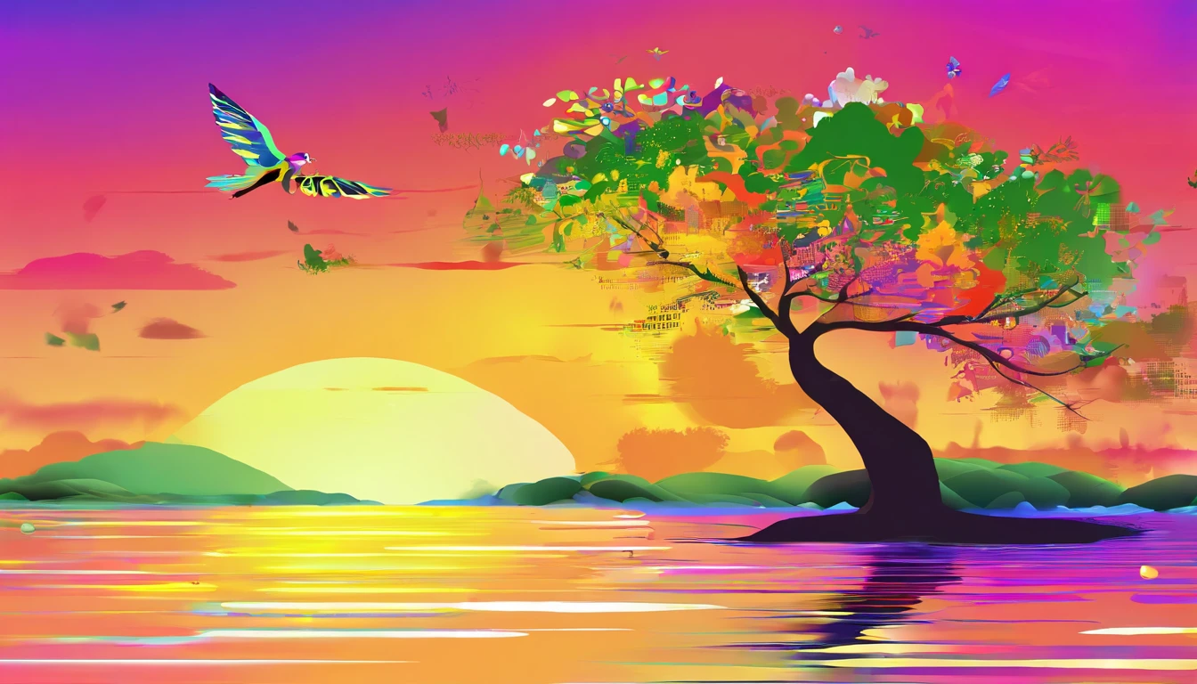((A rainbow appears in the sky after the rain)),baiyun, after rainny, rays of sunshine, refractions, Seven colors, Red, Orange, Yellow, Green, Blue, Violet, arc-shaped, A bridge to heaven, llight rays, dream magical, wanting, Calm lake, inverted image, The outline of the tree, Birds fly, freshen, magical, Beautiful natural landscape