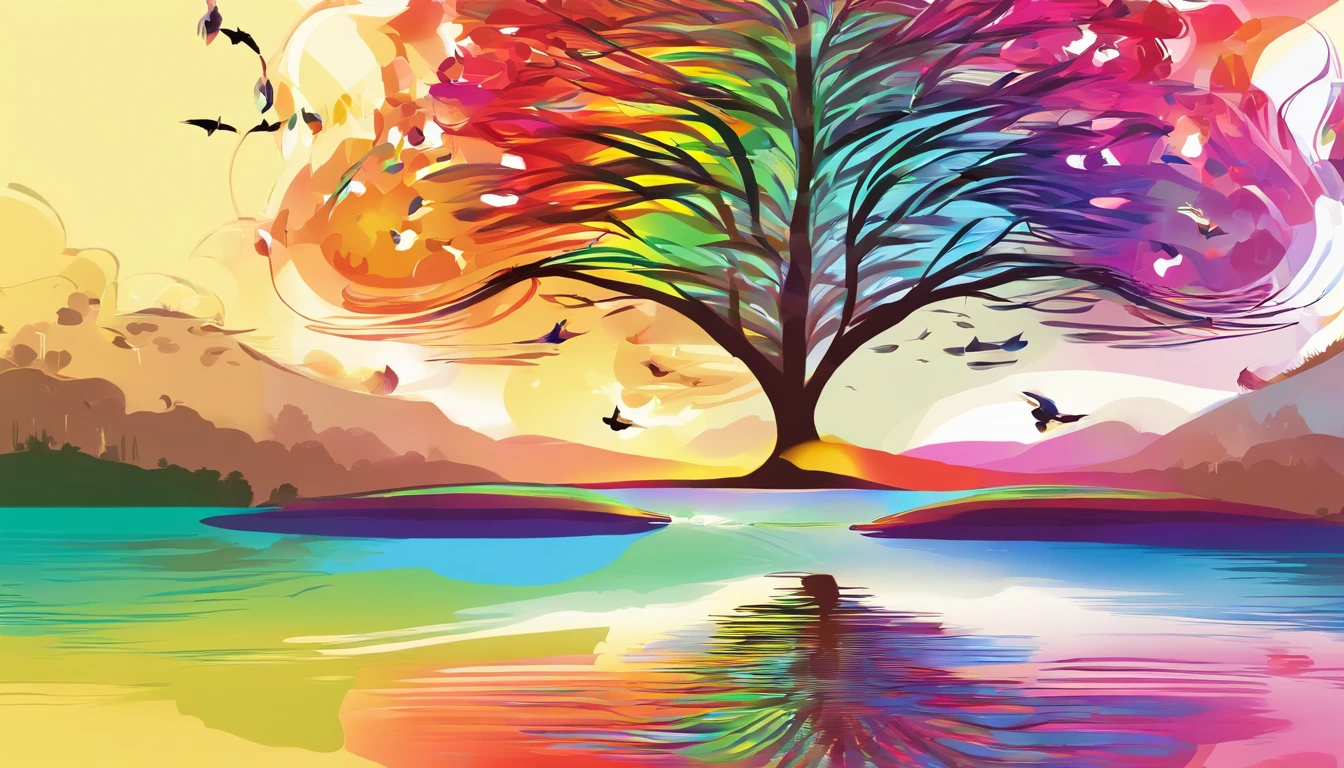((A rainbow appears in the sky after the rain)),baiyun, after rainny, rays of sunshine, refractions, Seven colors, Red, Orange, Yellow, Green, Blue, Violet, arc-shaped, A bridge to heaven, llight rays, dream magical, wanting, Calm lake, inverted image, The outline of the tree, Birds fly, freshen, magical, Beautiful natural landscape