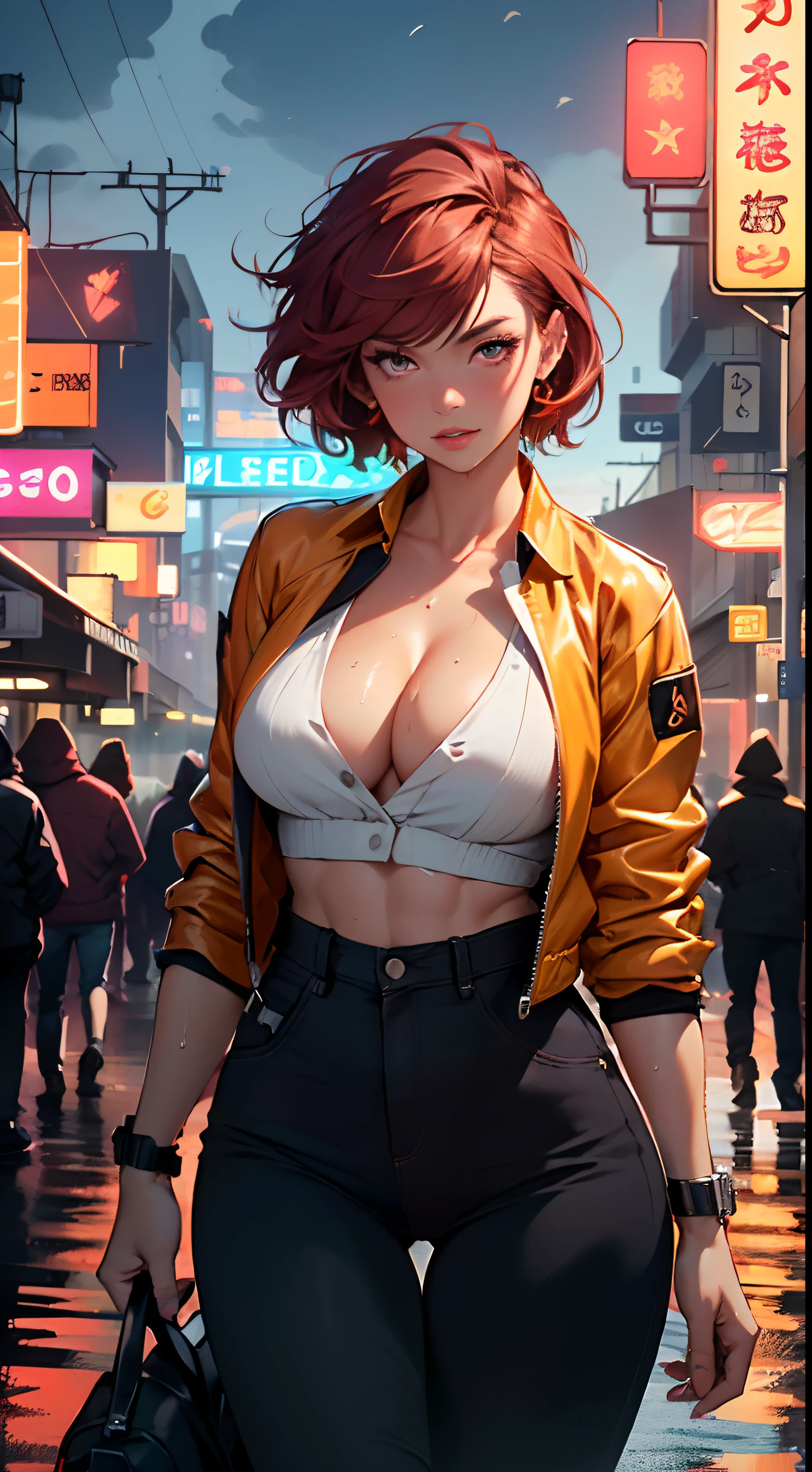 mechanical girl,1girl,(( 1girl with extremely cute and beautiful red hair)), synthwave color, neon orange accent, orange eyes,

(big breasts: 1.4),sagging breasts,(((short red hair: 1.35,cropped,redhead,very short hair))),(((neon orange eyes ))),intricate eyes,beautiful detailed eyes,symmetrical eyes,(fat),((((dark skin,lustrous skin:1.5,bright skin: 1.5,shiny skin,very shiny skin,shiny body,illuminated skin,wet legs)))),(spider lower abdomen,narrow waist,wide hip ,athletic body,inflated legs,delicate and detailed fingers,detailed body,(detailed face)),((muscle legs)),((muscular thighs)),((fit girl)),((strong and muscular,bodybuilder,strong body,muscular,feminine and muscular)),(huge stature,tall stature,very tall girl),

cute,slutty,sensual,seductive look,seductive,erotic,((nsfw)),

(fitted overalls: 1.3,suit unbuttoned),((mechanical tools on his clothing)),(((cleavage))),((wet clothes,intricate outfit,intricate clothes)),

(dynamic pose:1.0),embarrassed,(centered,scale to fit dimensions,Rule of thirds),

cyberpunk city by the ocean at night, with bright neon signs and dark stormy clouds and puddles, scenery:1.25,

artistic photography,(photography taken by sldr),highres, sharp focus, (ultra detailed, extremely detailed), (photorealistic artwork:1.37),(extremely detailed CG 8k ),((synthwave background theme)),(((vibrant colors))),(intricate background),(masterpiece),(best quality),crisp detail, sharp focus