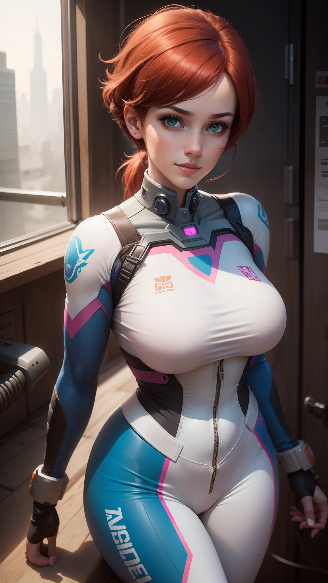 gwen tennyson,1girl,tracer,d.va,rebecca chambers,overwatch,gundam,close up,mecha pilot,city view,rose and blue plugsuit,front hair pin,pirate corset, white long sleeve lycra top,white leggings,short hair,cute makeup,green eyes,orange and blue hair,shy smile, freckles,redhead,beautiful girl,large breasts,ultra detailed,realistic,fantasy art, avengers tower,spy uniform,handguns,