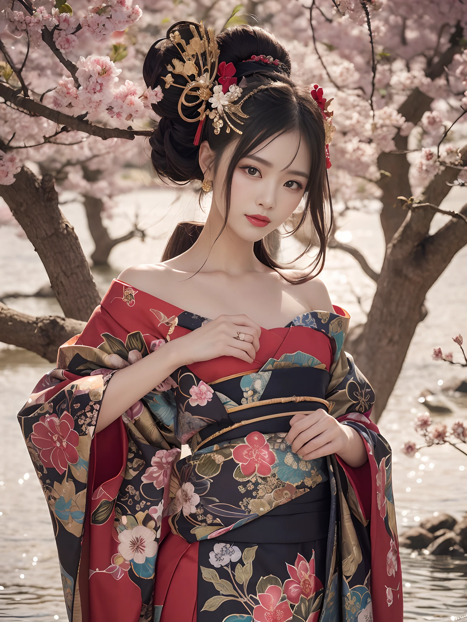 In a futuristic scene, Geisha in Japan with mechanical reinforcement、Elegant in elaborate gardens. She has beautifully detailed eyes and lips that complement her face. Geishas wear traditional kimonos with intricate patterns and designs. Around her are bright cherry trees and a quiet carp pond. The scene is painted with a blend of illustration and photorealism, Ultra-detailed brush strokes and clarity, Vivid colors. Lighting emphasizes the elegant features of the geisha, Gives her porcelain skin a soft glow. Artwork is of the highest quality, 4K or 8K resolution, Showcase the intricate details of geisha attire, cherry trees, And the shimmering scales of carp. The overall color scheme is、It is a combination of traditional shades of Japan, Crimson, etc., blacks, and subtle gold accents, With a futuristic twist. The fusion of ancient traditions and modern technology is、Create captivating and visually striking masterpieces.shoulders are exposed, (Chest is visible)、(You can see the valley)、are visible、Shoulders exposed、Chest revealed、Off-shoulder style