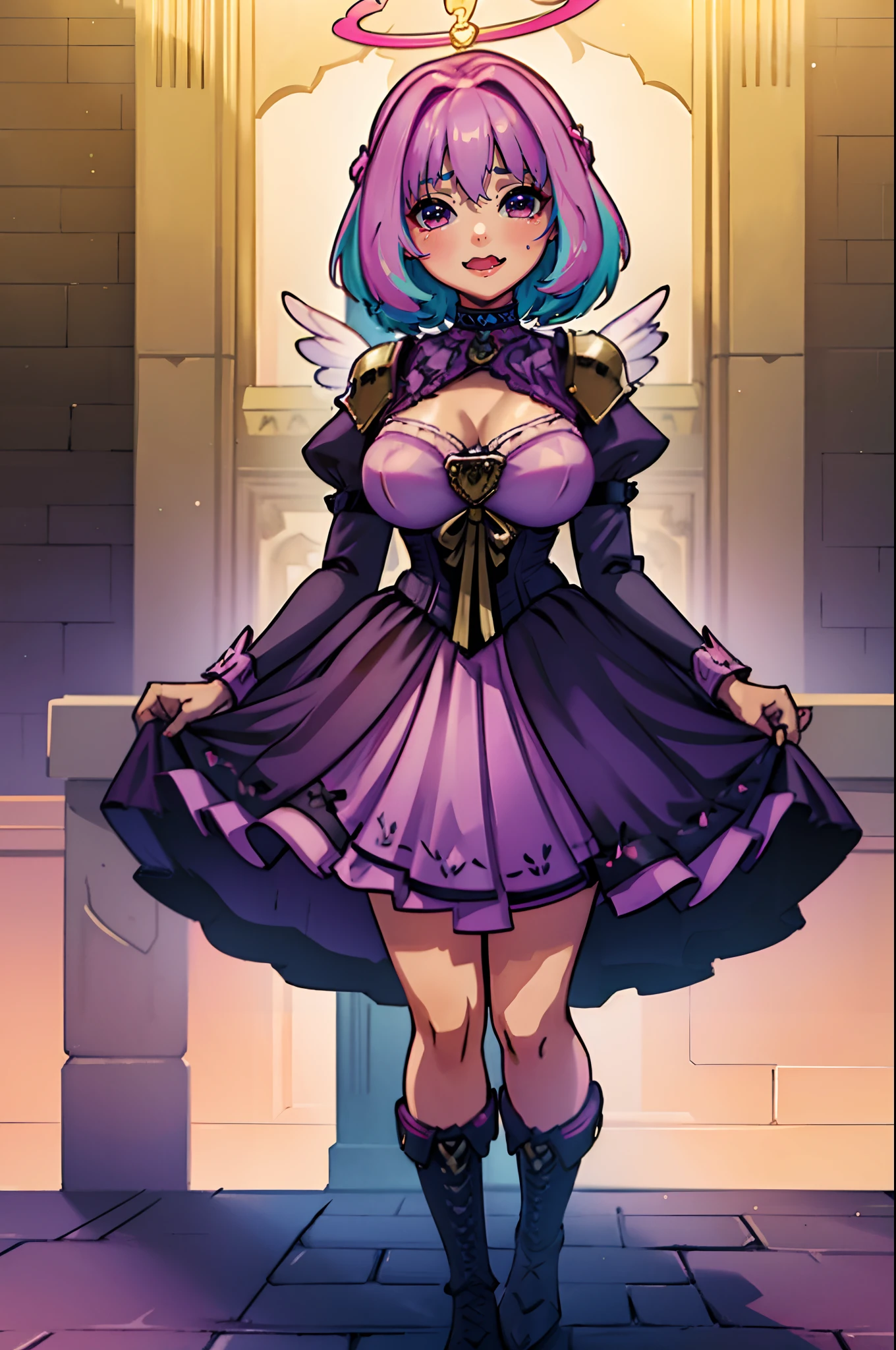 (best quality,masterpiece:1.2),intricate details,beautiful detailed eyes,beautiful detailed lips,extremely detailed eyes and face,longeyelashes,riamu, modeseven,super curvy,comic style,vibrant colors,standing,innocent, full body, standing, smile, princess dress, noble clothing, holy angel magicalgirl, open mouth fang, holy haura, halo, smile, joyfull, paladin, lance holding, armored, knight, boots