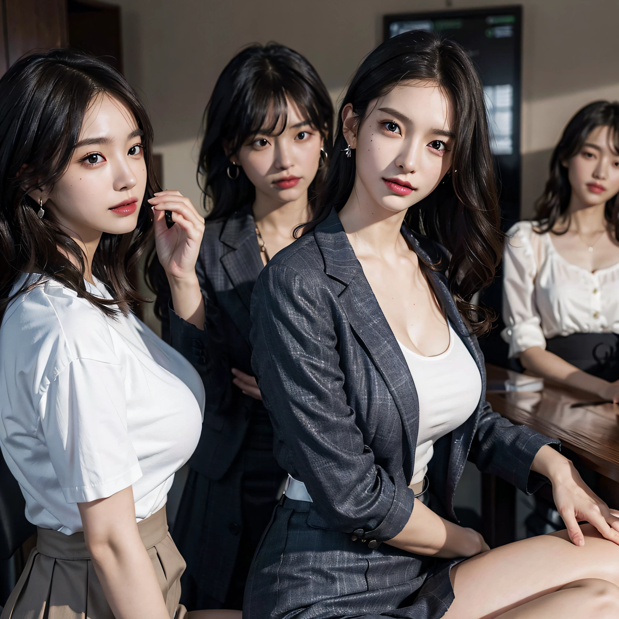 absurdres, RAW photo, extremely delicate and beautiful, masterpiece, Best Quality, ultra high resolution, 16k, hyperrealistic, ultra-detailed, Very detailed CG 8k wallpaper, Beautiful Lighting, Perfect Lightning, Realistic Shadows, perfect anatomy, super Detailed skin, perfect figure, Japanese woman, late 20s, very Slim body, narrow waist, very small head, handsome detailed woman, very detailed eyes and face, realistic face proportions, Stunning detailed eyes, Realistic beautiful face, very small face, Realistic small beautiful eyes, double eyelids, makeup, tearful mole, mole on chest, earring, bare legs, beautiful and very thin legs, beautiful and very thin thighs, (very huge round breasts:1.3), short hair, wavy hair, sweat, (3 girls:1.5), (office lady suit:1.3), (skirt suit), (suit jacket),