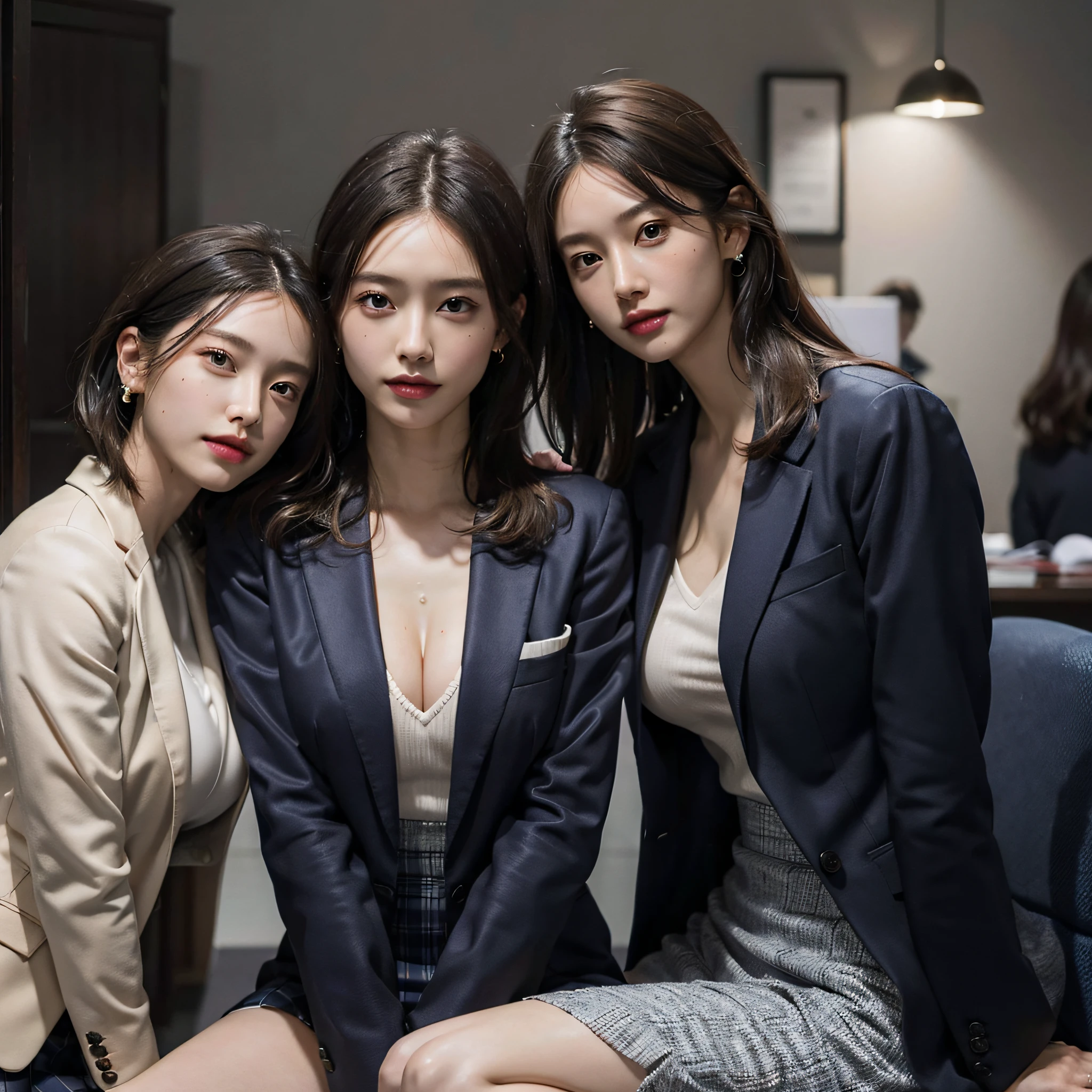 absurdres, RAW photo, extremely delicate and beautiful, masterpiece, Best Quality, ultra high resolution, 16k, hyperrealistic, ultra-detailed, Very detailed CG 8k wallpaper, Beautiful Lighting, Perfect Lightning, Realistic Shadows, perfect anatomy, super Detailed skin, perfect figure, Japanese woman, late 20s, very Slim body, narrow waist, very small head, handsome detailed woman, very detailed eyes and face, realistic face proportions, Stunning detailed eyes, Realistic beautiful face, very small face, Realistic small beautiful eyes, double eyelids, makeup, tearful mole, mole on chest, earring, bare legs, beautiful and very thin legs, beautiful and very thin thighs, (very huge round breasts:1.3), short hair, wavy hair, sweat, (3 girls:1.5), (office lady suit:1.3), (skirt suit), (suit jacket),