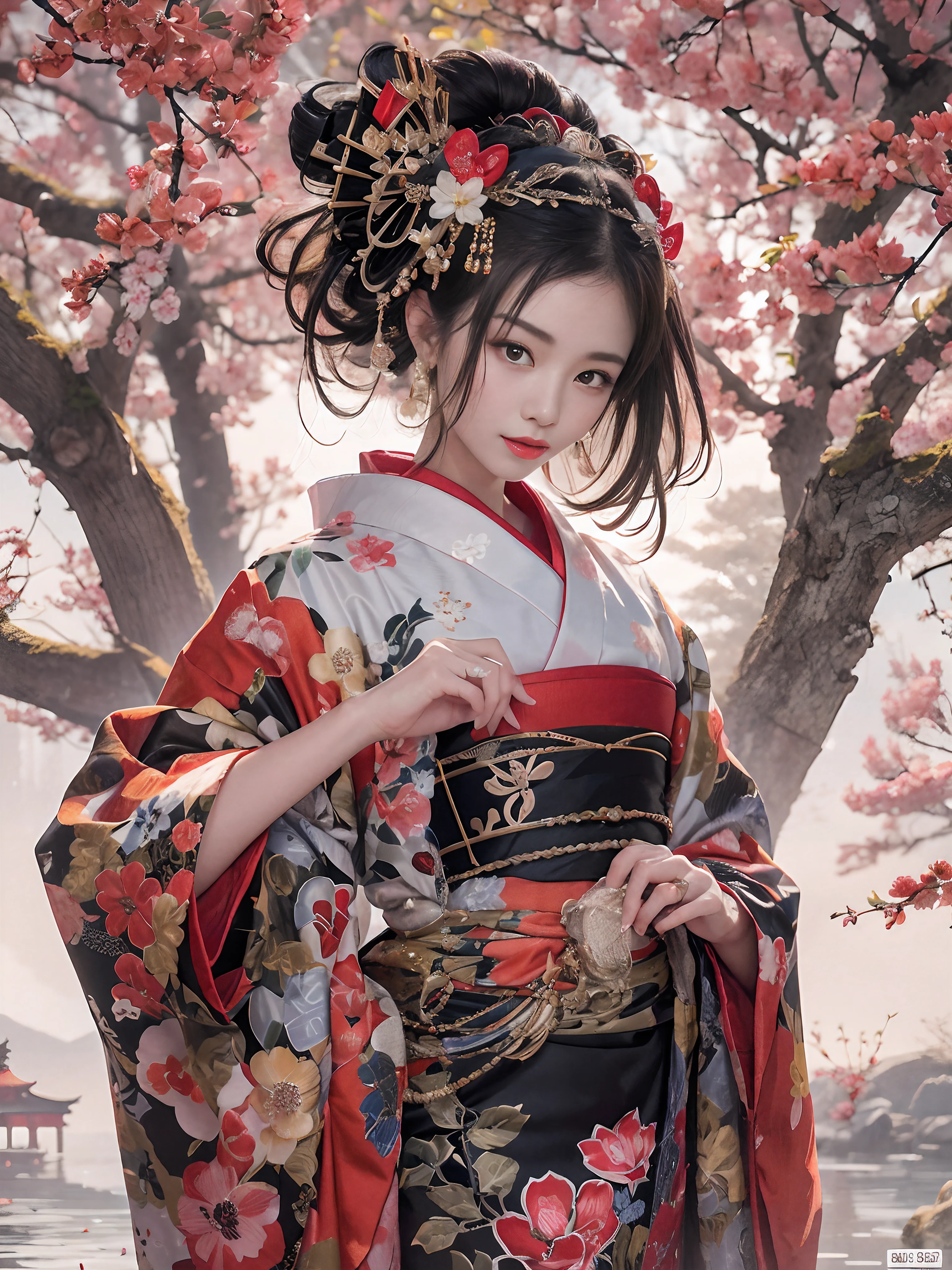 In a futuristic scene, Geisha in Japan with mechanical reinforcement、Elegant in elaborate gardens. She has beautifully detailed eyes and lips that complement her face. Geishas wear traditional kimonos with intricate patterns and designs. Around her are bright cherry trees and a quiet carp pond. The scene is painted with a blend of illustration and photorealism, Ultra-detailed brush strokes and clarity, Vivid colors. Lighting emphasizes the elegant features of the geisha, Gives her porcelain skin a soft glow. Artwork is of the highest quality, 4K or 8K resolution, Showcase the intricate details of geisha attire, cherry trees, And the shimmering scales of carp. The overall color scheme is、It is a combination of traditional shades of Japan, Crimson, etc., blacks, and subtle gold accents, With a futuristic twist. The fusion of ancient traditions and modern technology is、Create captivating and visually striking masterpieces.