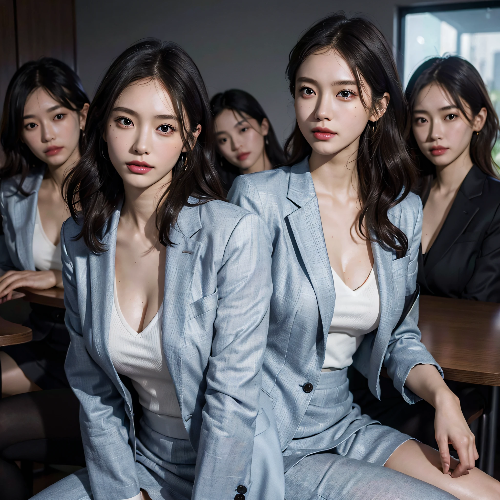absurdres, RAW photo, extremely delicate and beautiful, masterpiece, Best Quality, ultra high resolution, 16k, hyperrealistic, ultra-detailed, Very detailed CG 8k wallpaper, Beautiful Lighting, Perfect Lightning, Realistic Shadows, perfect anatomy, super Detailed skin, perfect figure, Japanese woman, late 20s, very Slim body, narrow waist, very small head, handsome detailed woman, very detailed eyes and face, realistic face proportions, Stunning detailed eyes, Realistic beautiful face, very small face, Realistic small beautiful eyes, double eyelids, makeup, tearful mole, mole on chest, earring, bare legs, beautiful and very thin legs, beautiful and very thin thighs, (very huge round breasts:1.3), short hair, wavy hair, sweat, (3 girls:1.5), (office lady suit:1.3), (skirt suit), (suit jacket),