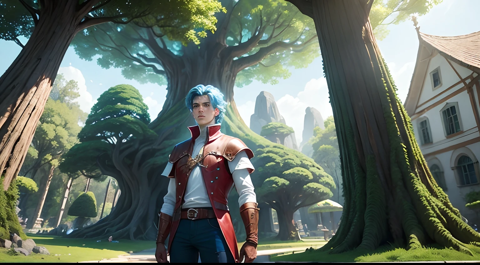 Vahn a medieval man near a giant crystal tree, 18 years old with short blue windy hair, white shirt, red leather vest, red glove in one arm, blue pants,, in front of a glowing giant magic green tree in the center, green stem, mana tree, medieval, campo gramado (middle part hair )