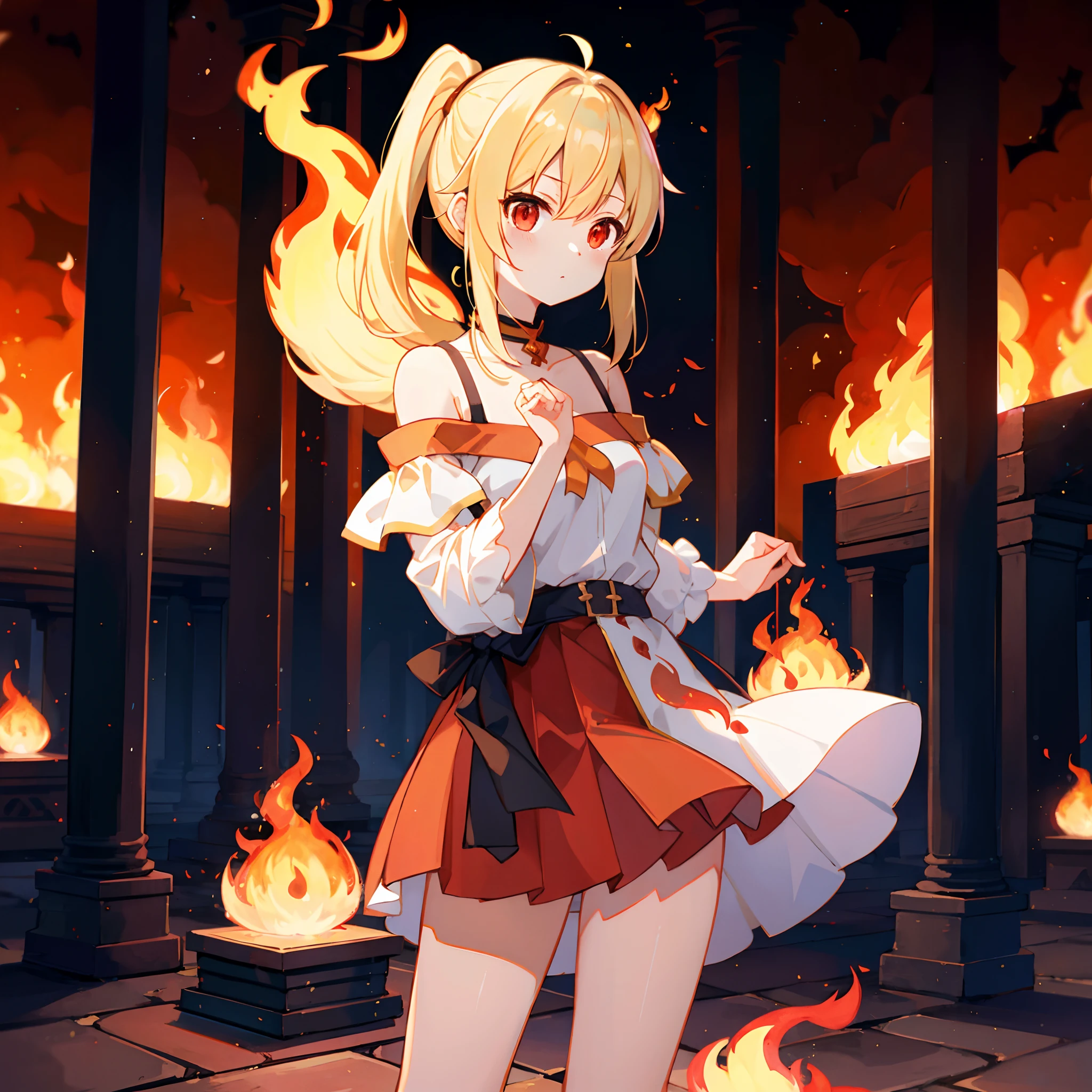 a blond、poneyTail、red eyes、One Beautiful Girl、doress、off shoulders、a miniskirt、Pillar of fire、Flame Magic、surrounded by flames