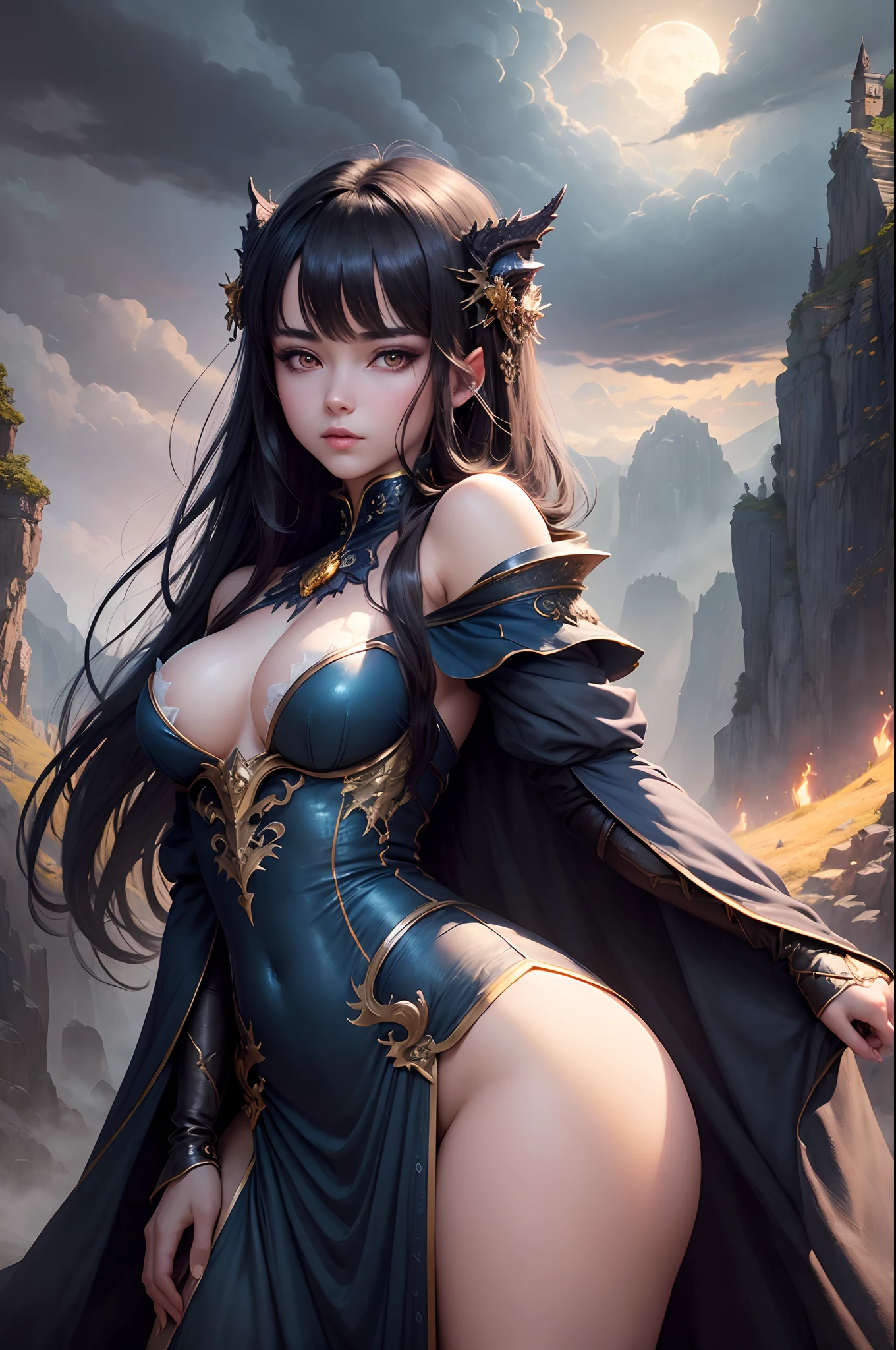 ((best quality)), ((masterpiece)), (detailed), dragon emperatriz, realistic eyes, black hair, yellow brown eyes, big breasts,big butt, sexy body, korean setin dress, evil landscape, ethereal beauty, (fantasy illustration:1.3), charming look, captivating pose, solo girl, supernatural charm, mystical sky, (anime), moonlit night, soft colors, (detailed cloudy landscape:1.3), (high resolution:1.2) (small bluish dragon on girl's shoulder) dress, on a hill, an army passing far away in a gorge below.